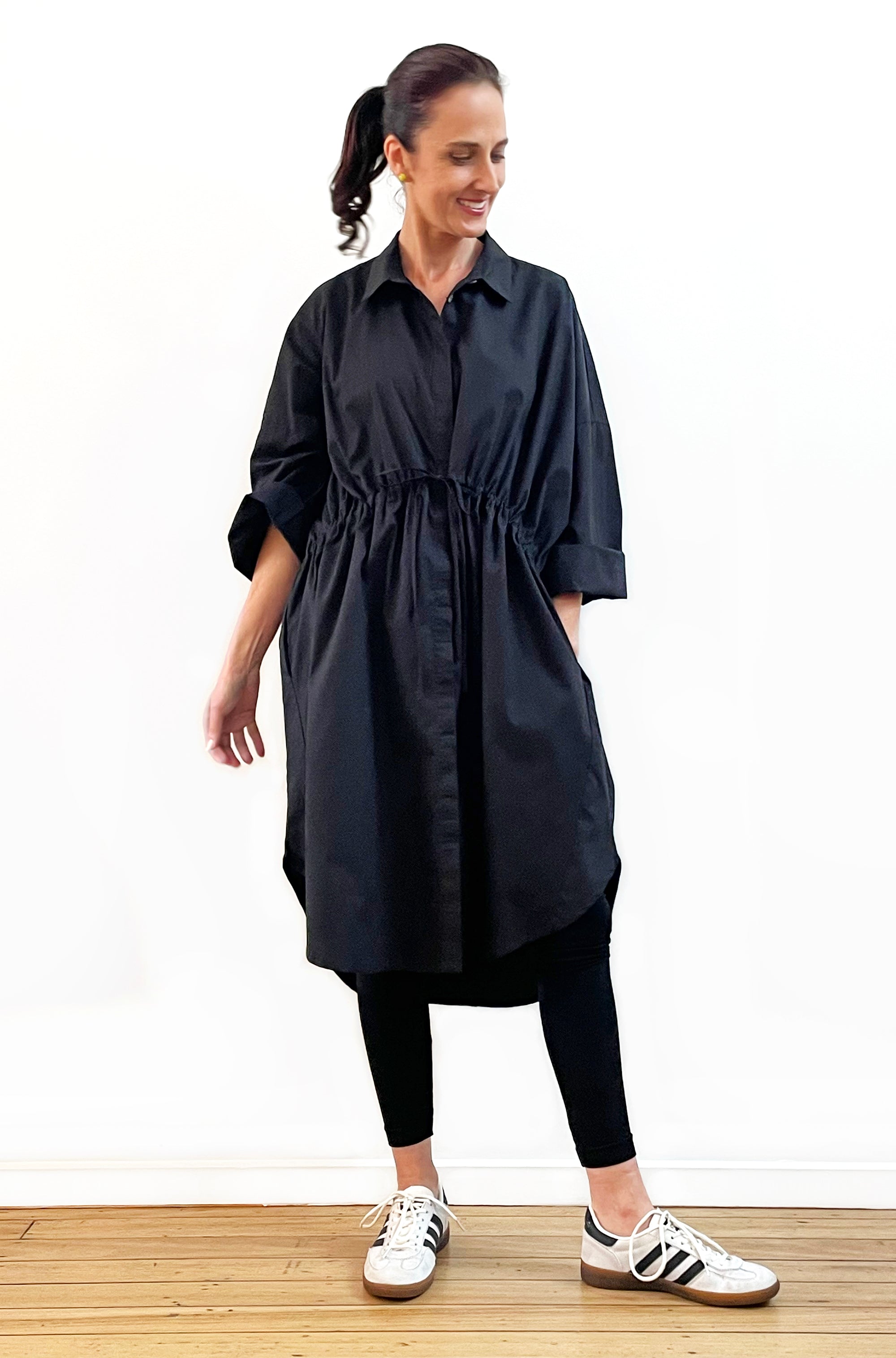 COTTON OVERSIZED DRAWSTRING SHIRTDRESS BLACK
