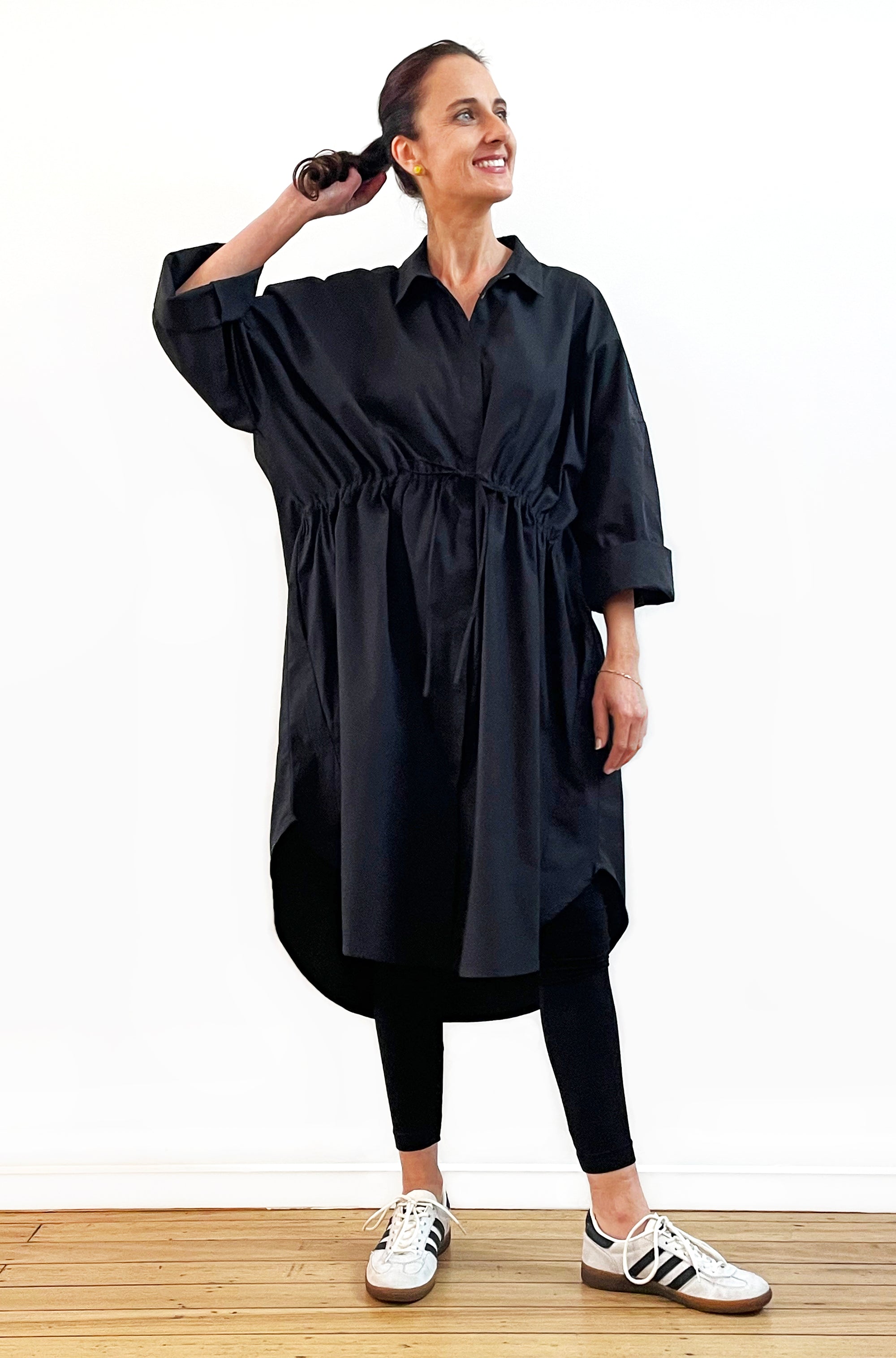 COTTON OVERSIZED DRAWSTRING SHIRTDRESS BLACK