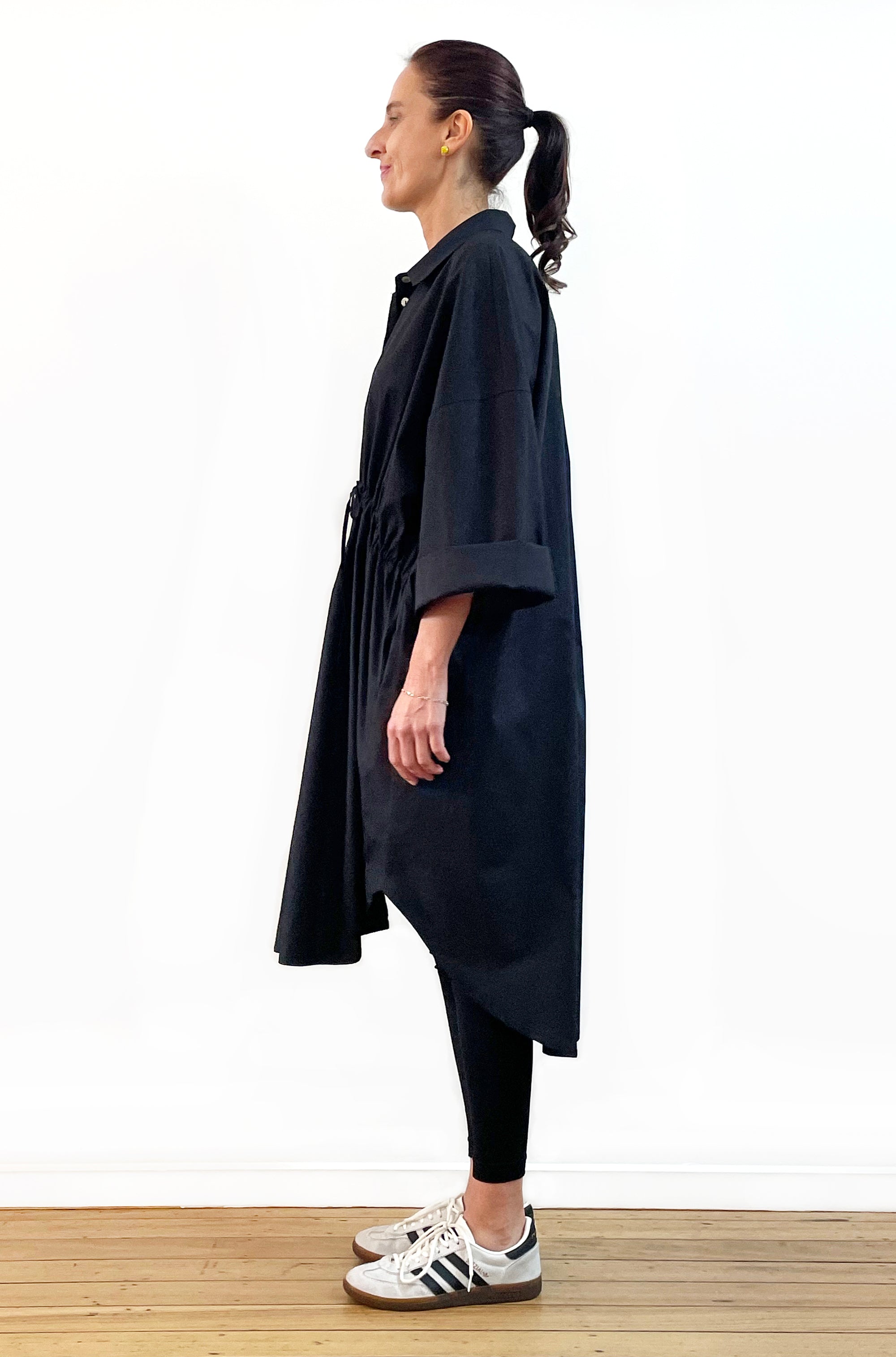 COTTON OVERSIZED DRAWSTRING SHIRTDRESS BLACK