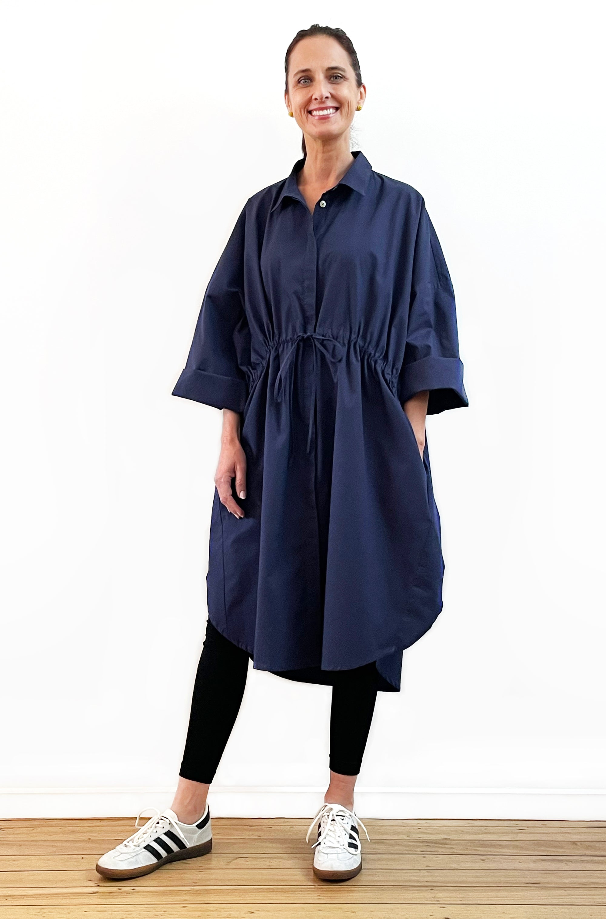 COTTON OVERSIZED DRAWSTRING SHIRTDRESS NAVY