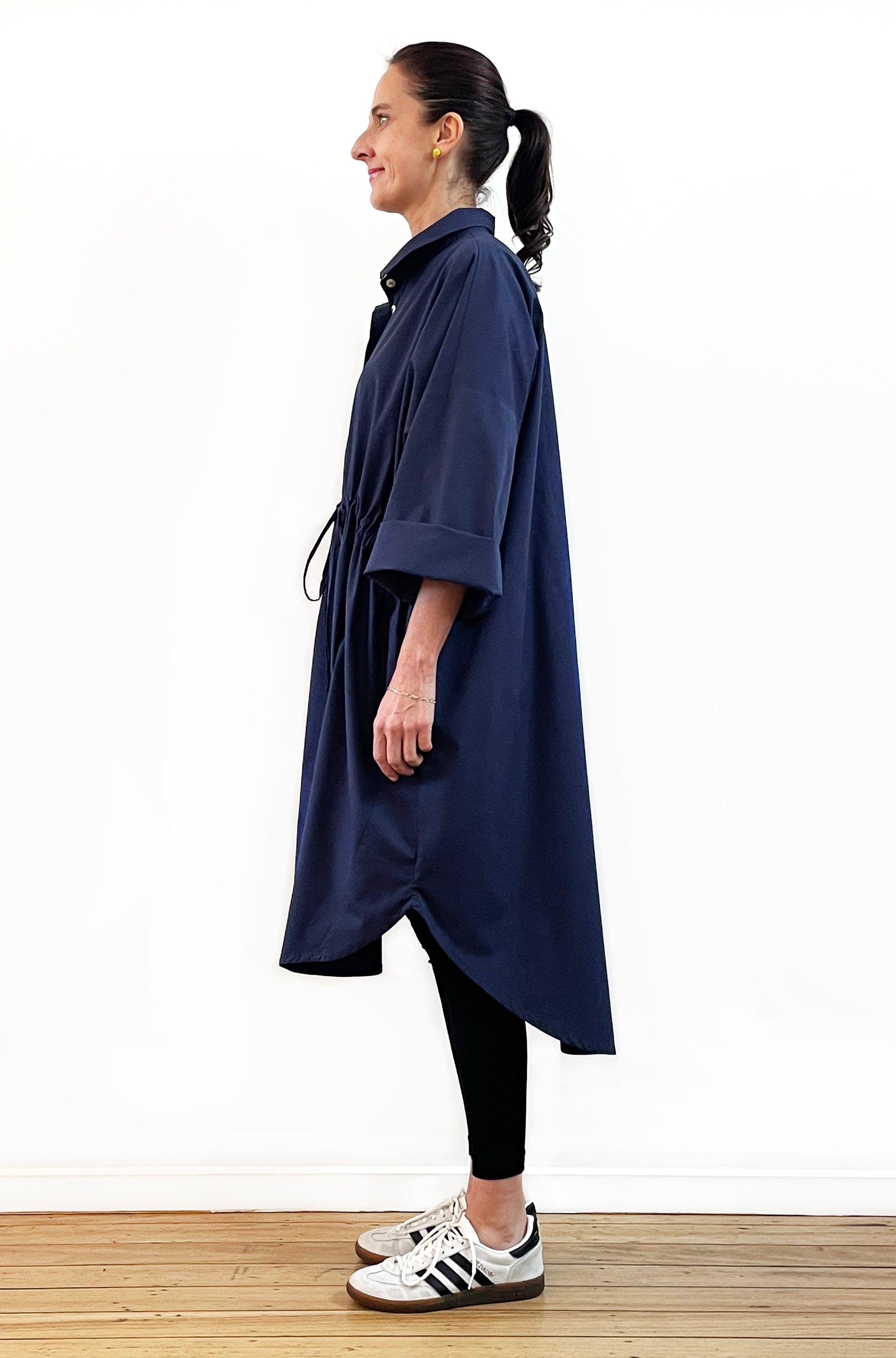 COTTON OVERSIZED DRAWSTRING SHIRTDRESS NAVY