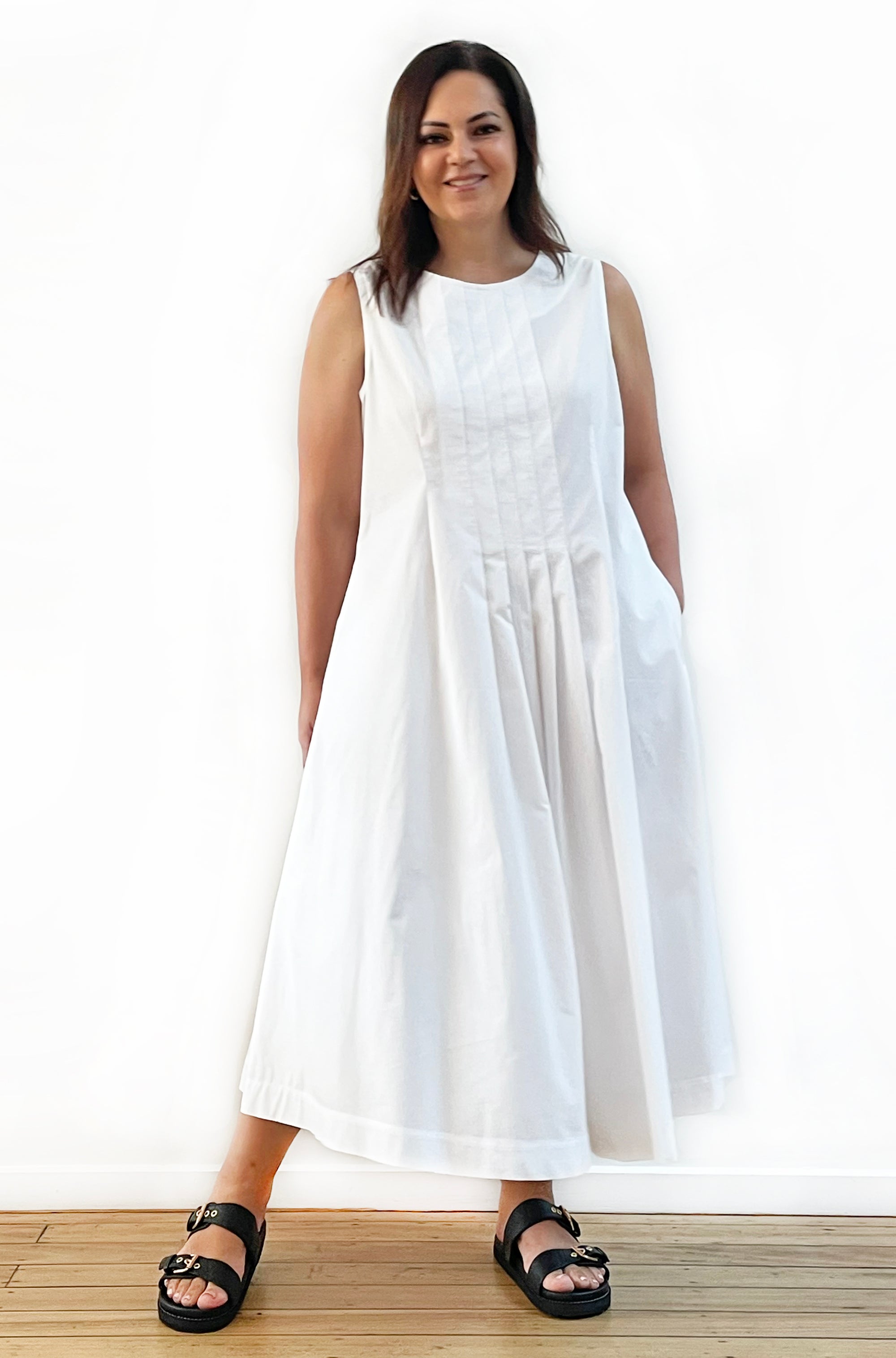 COTTON PLEAT FRONT DRESS WHITE