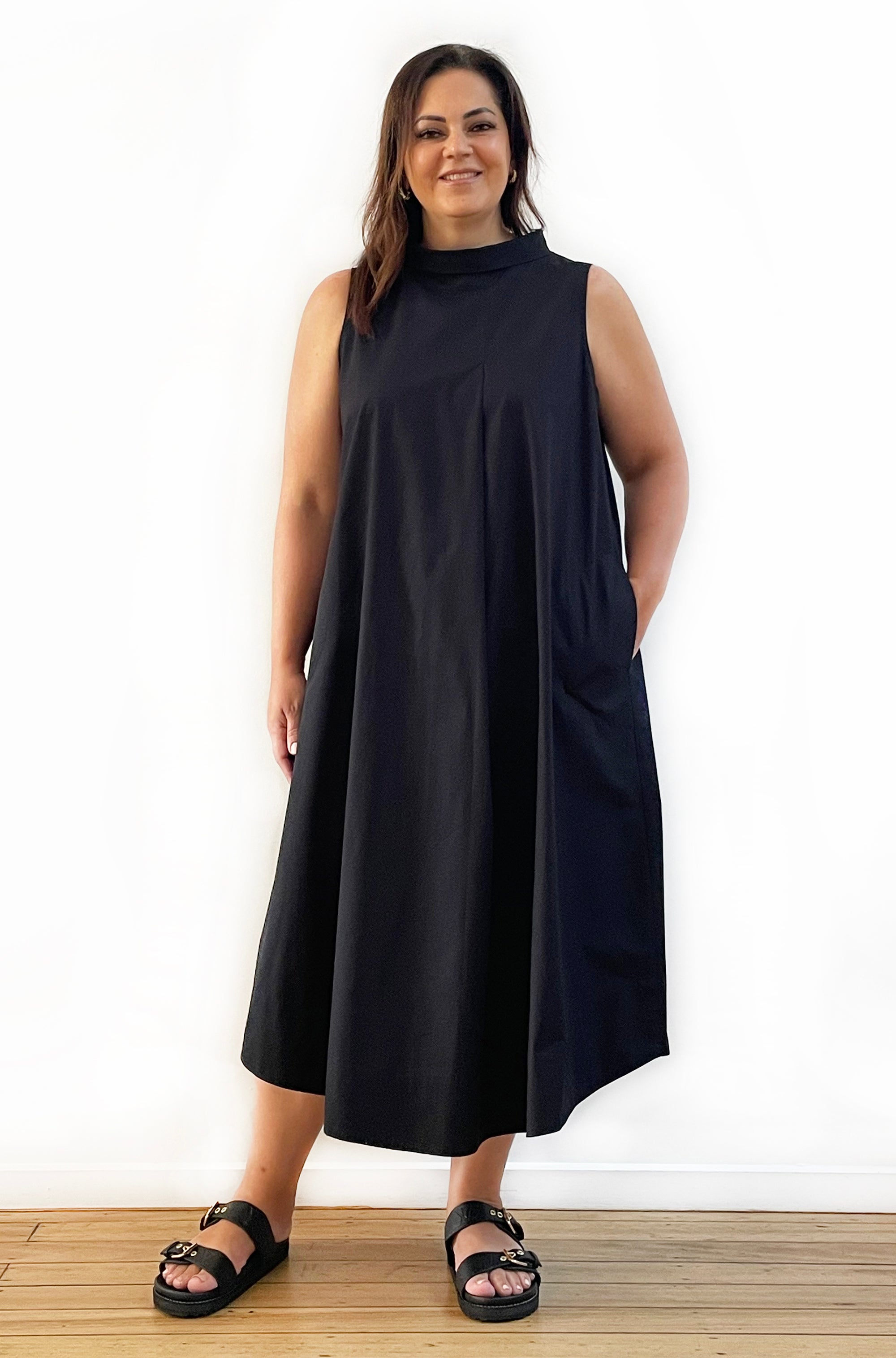 COTTON ROLL NECK SWING DRESS BLACK