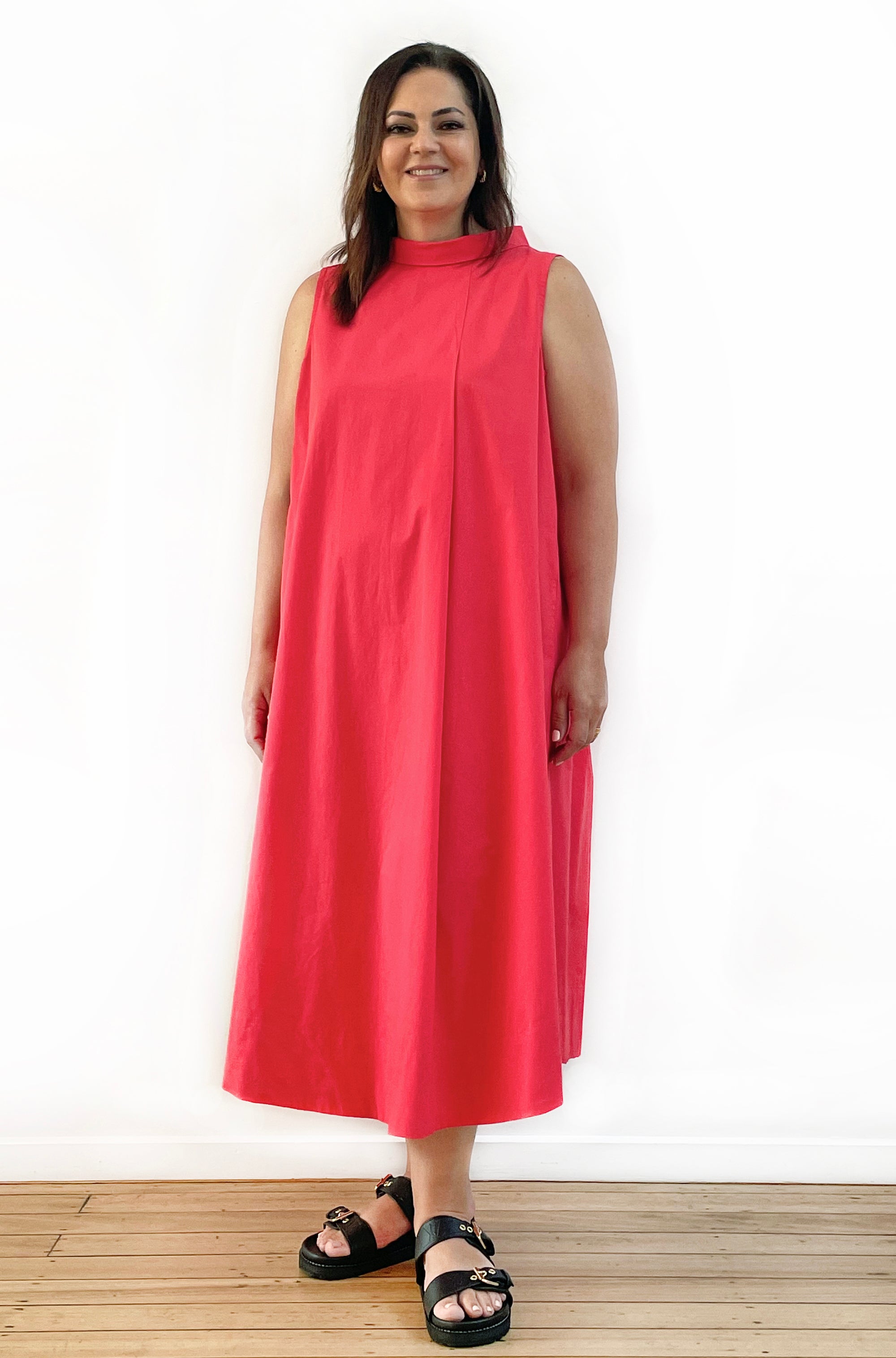 COTTON ROLL NECK SWING DRESS POPPY RED