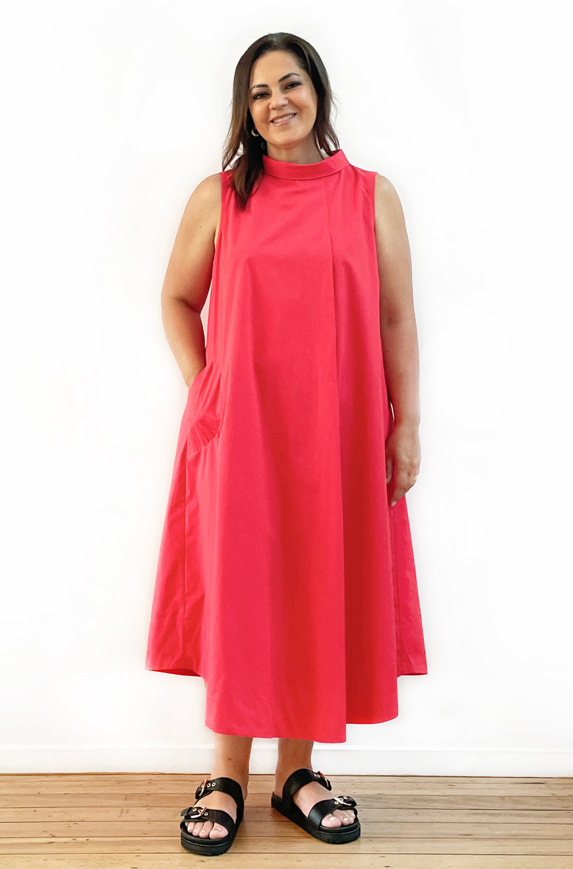 COTTON ROLL NECK SWING DRESS POPPY RED