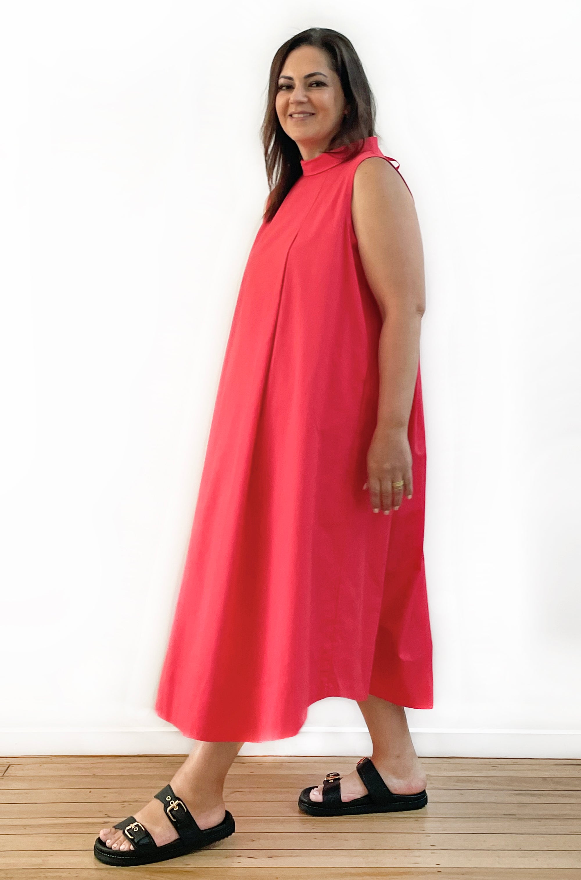 COTTON ROLL NECK SWING DRESS POPPY RED