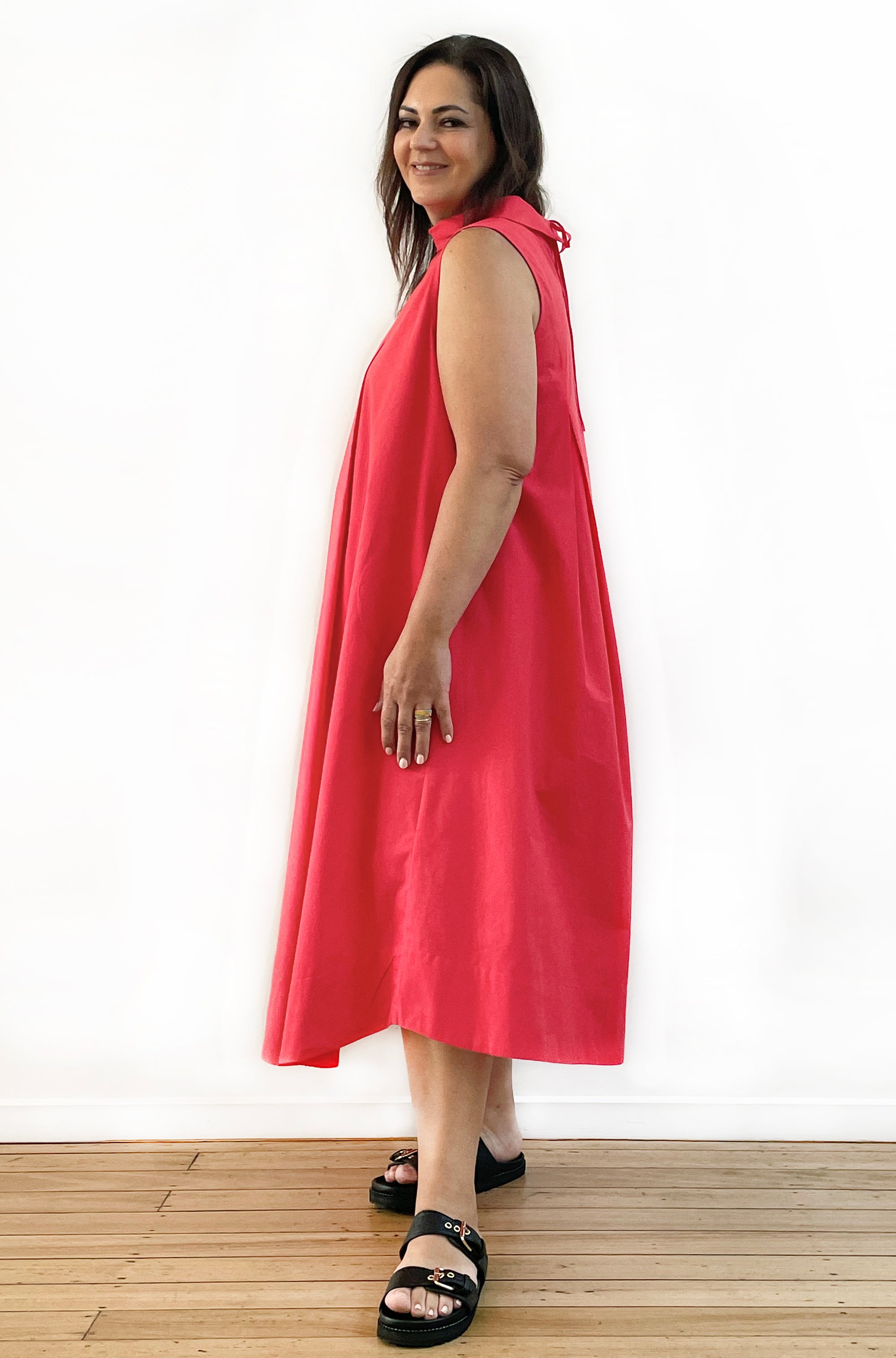 COTTON ROLL NECK SWING DRESS POPPY RED