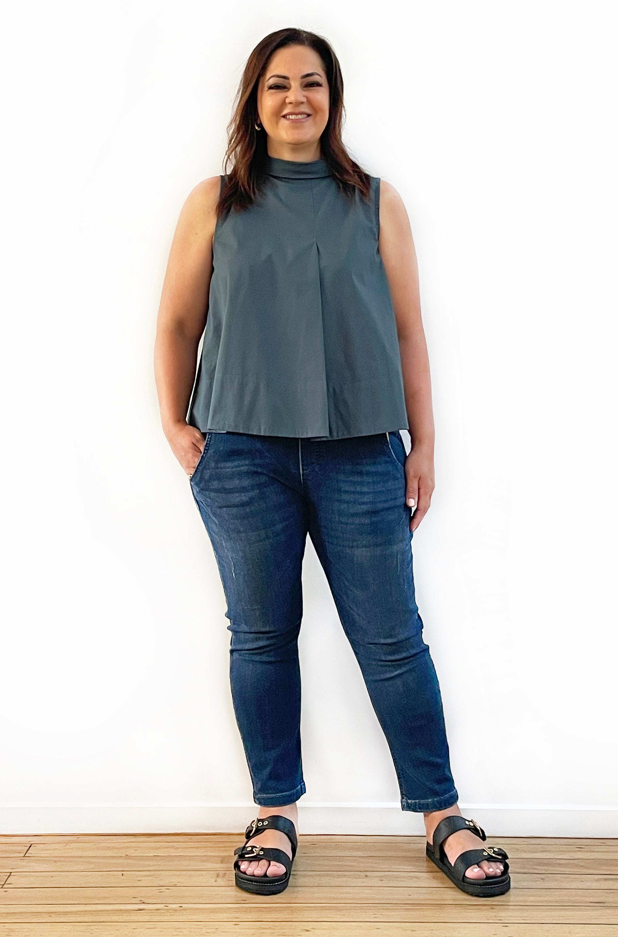 COTTON ROLL NECK SWING TOP MINERAL GREEN