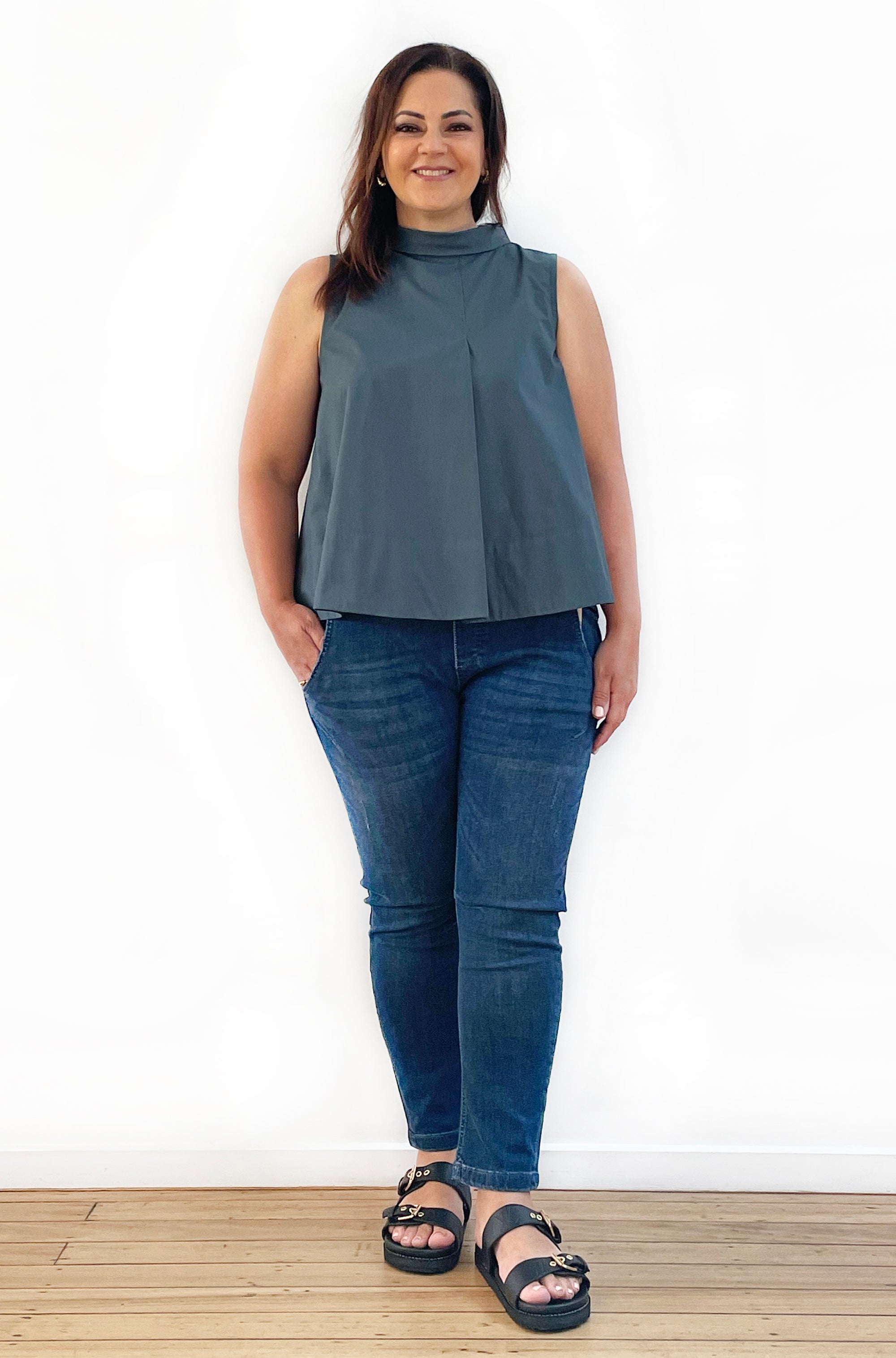 COTTON ROLL NECK SWING TOP MINERAL GREEN