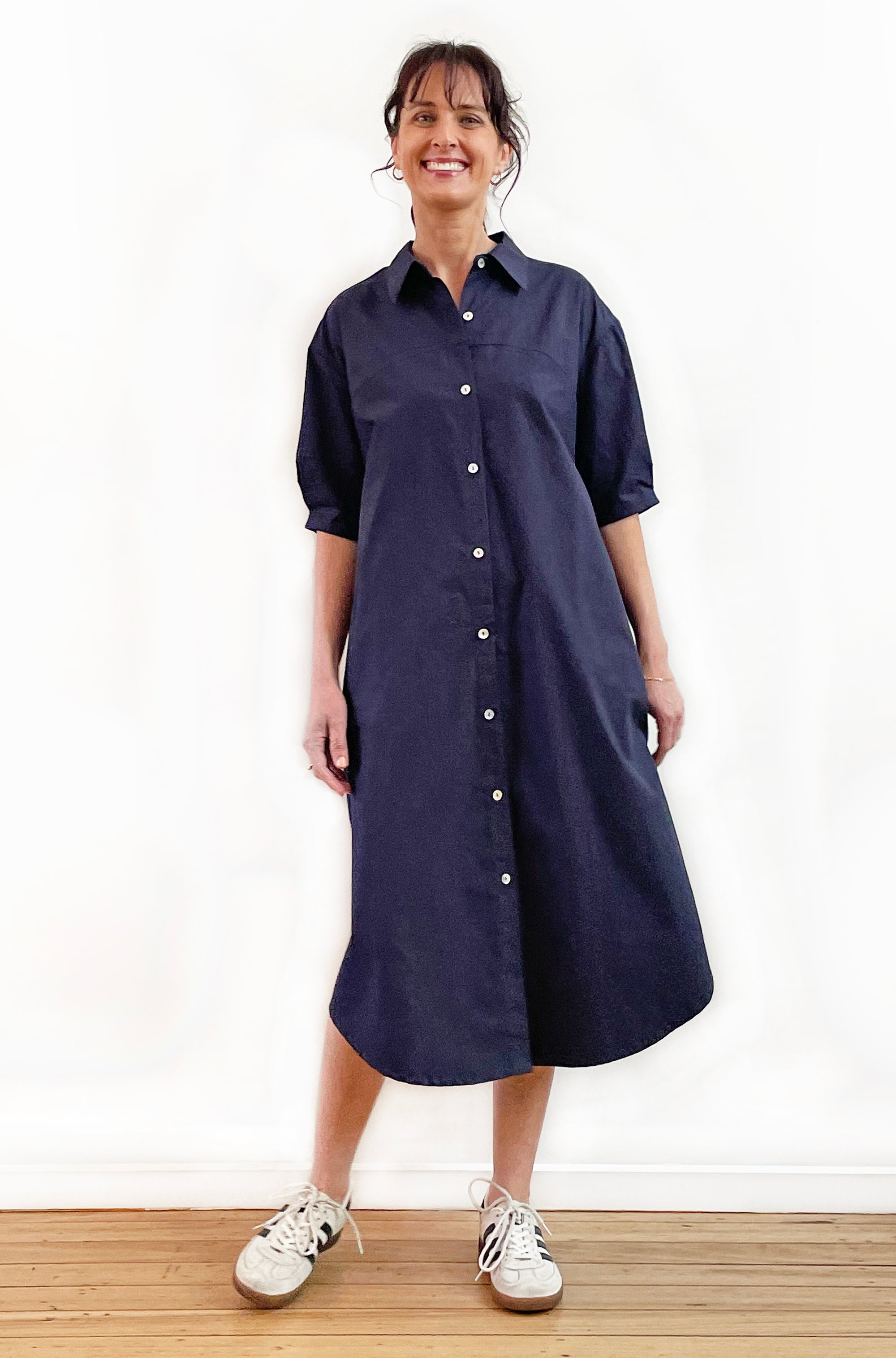 COTTON SHORT SLEEVE CURVED YOKE SHIRT DRESS NAVY