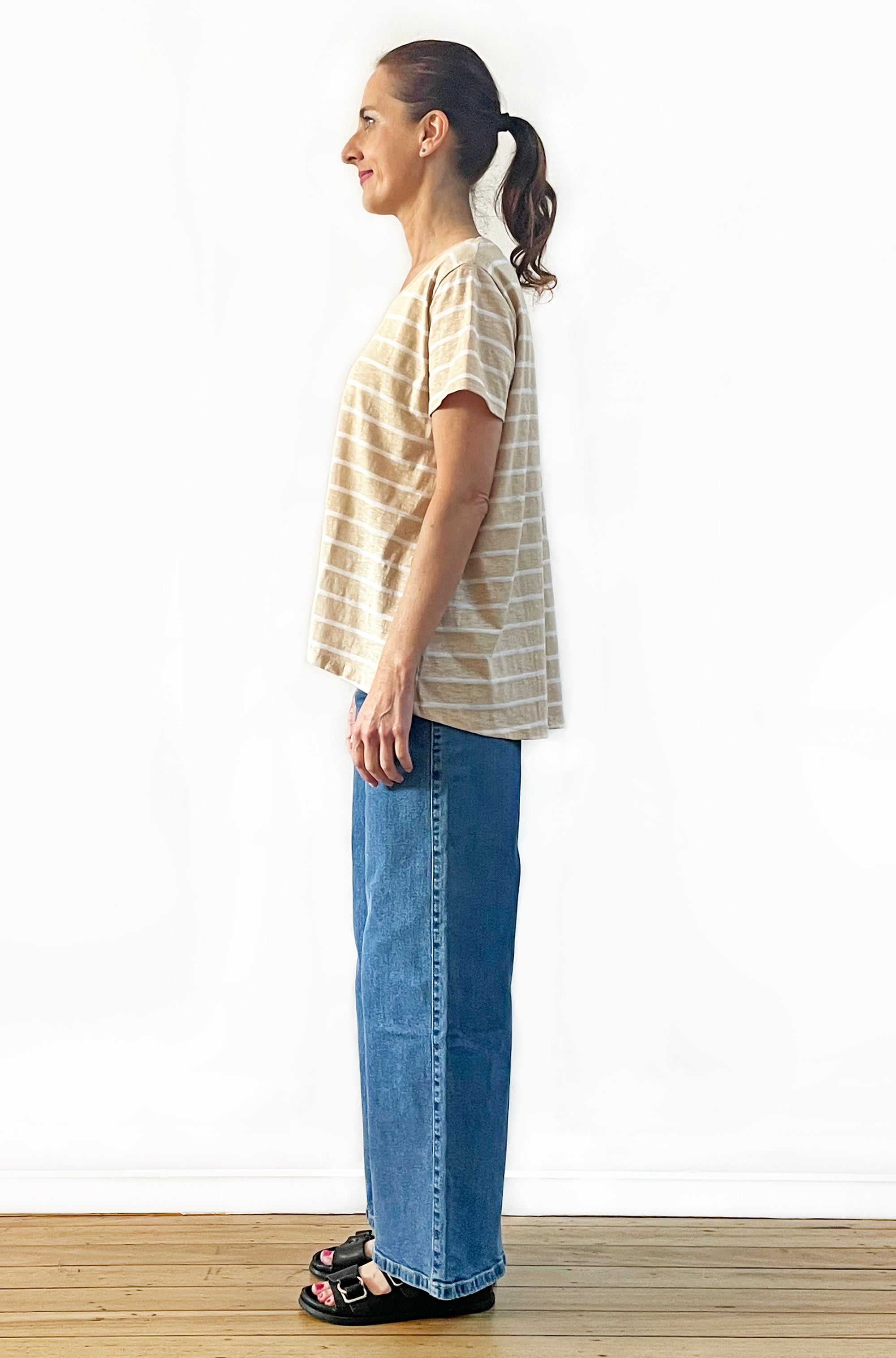 COTTON SHORT SLEEVE HI LO TEE WHEAT STRIPE