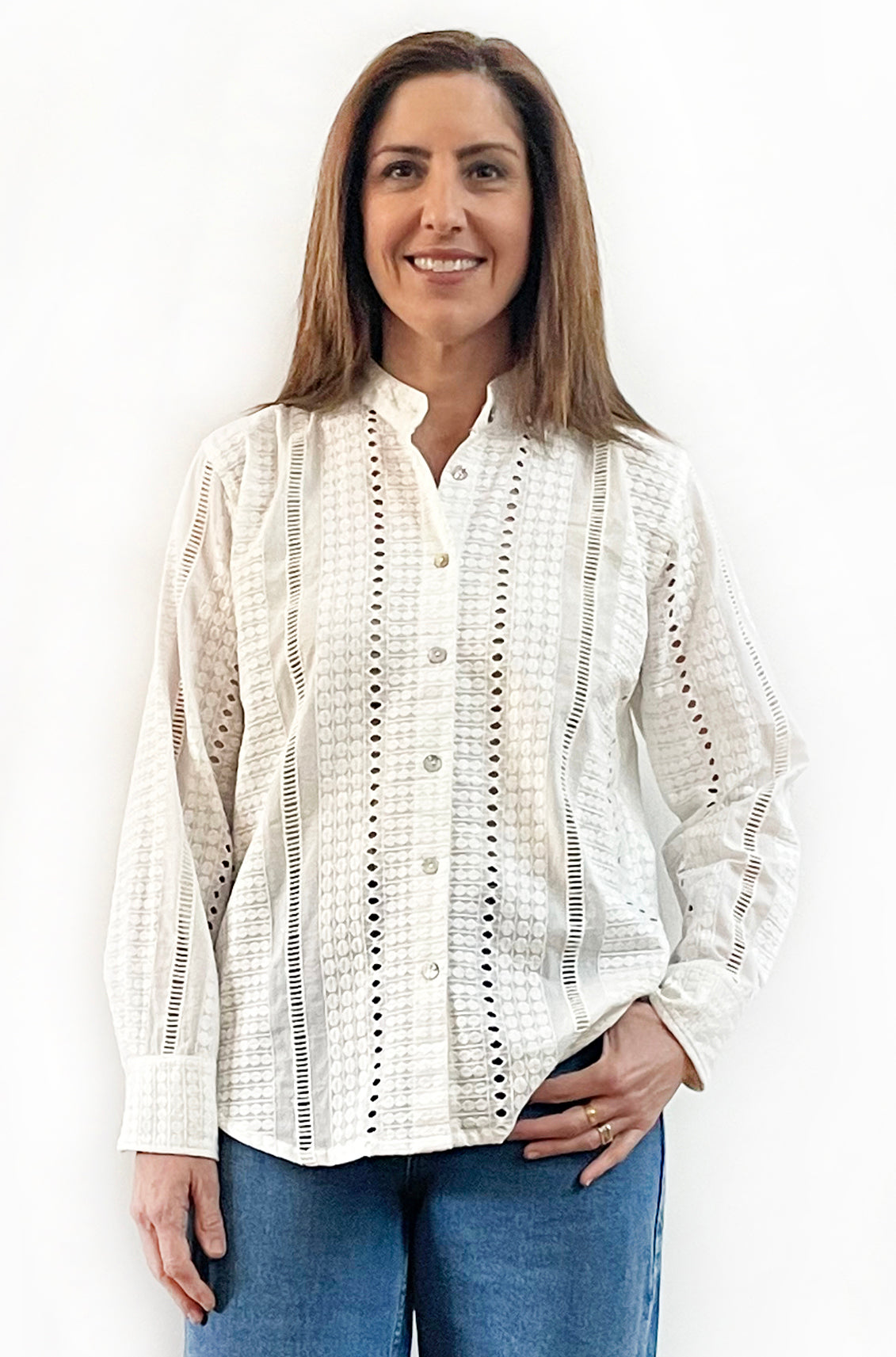 COTTON SLIM CUT BRODERIE SHIRT CREAM