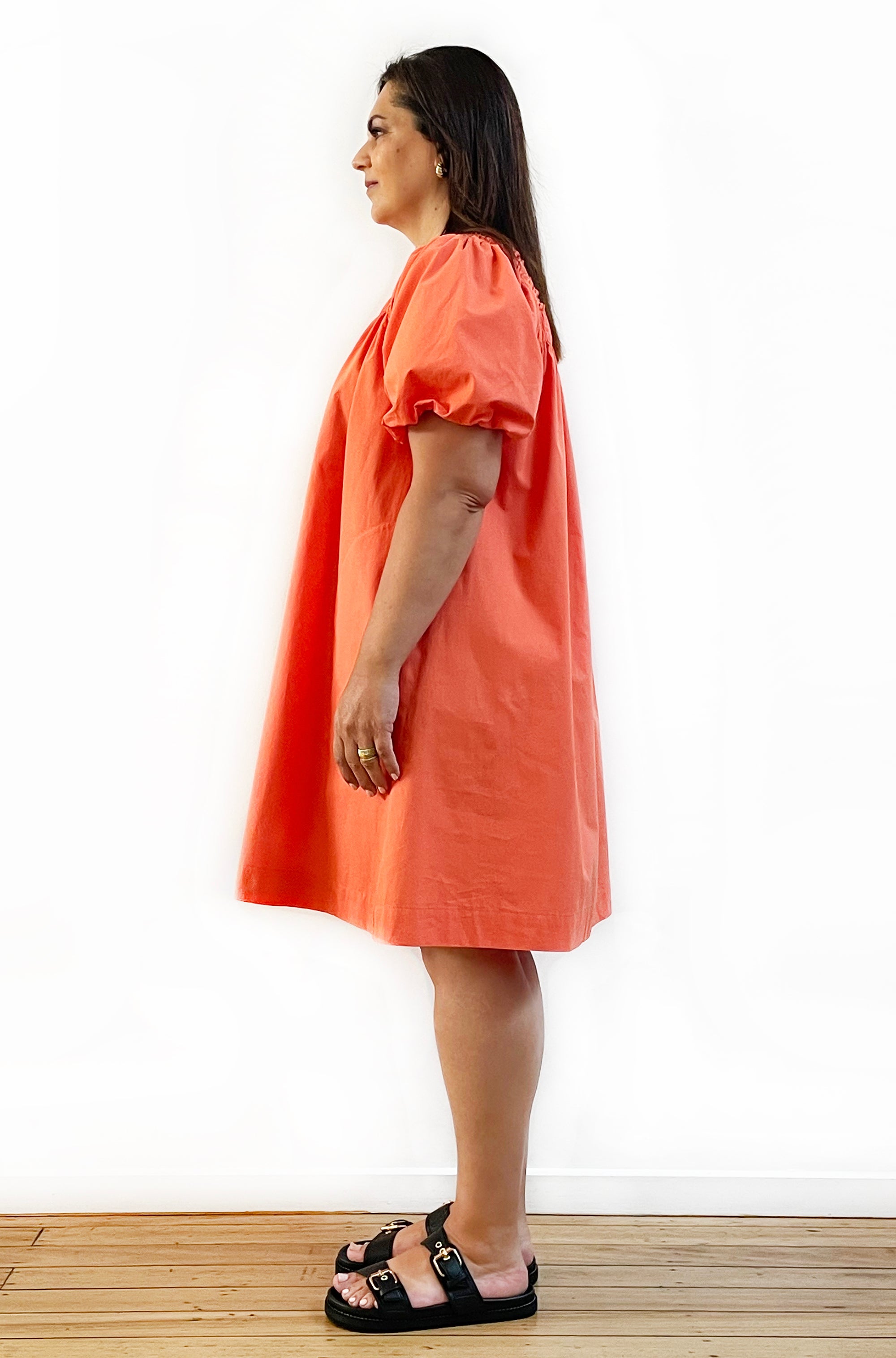 COTTON SQUARE NECK PUFF SLEEVE DRESS TANGELO