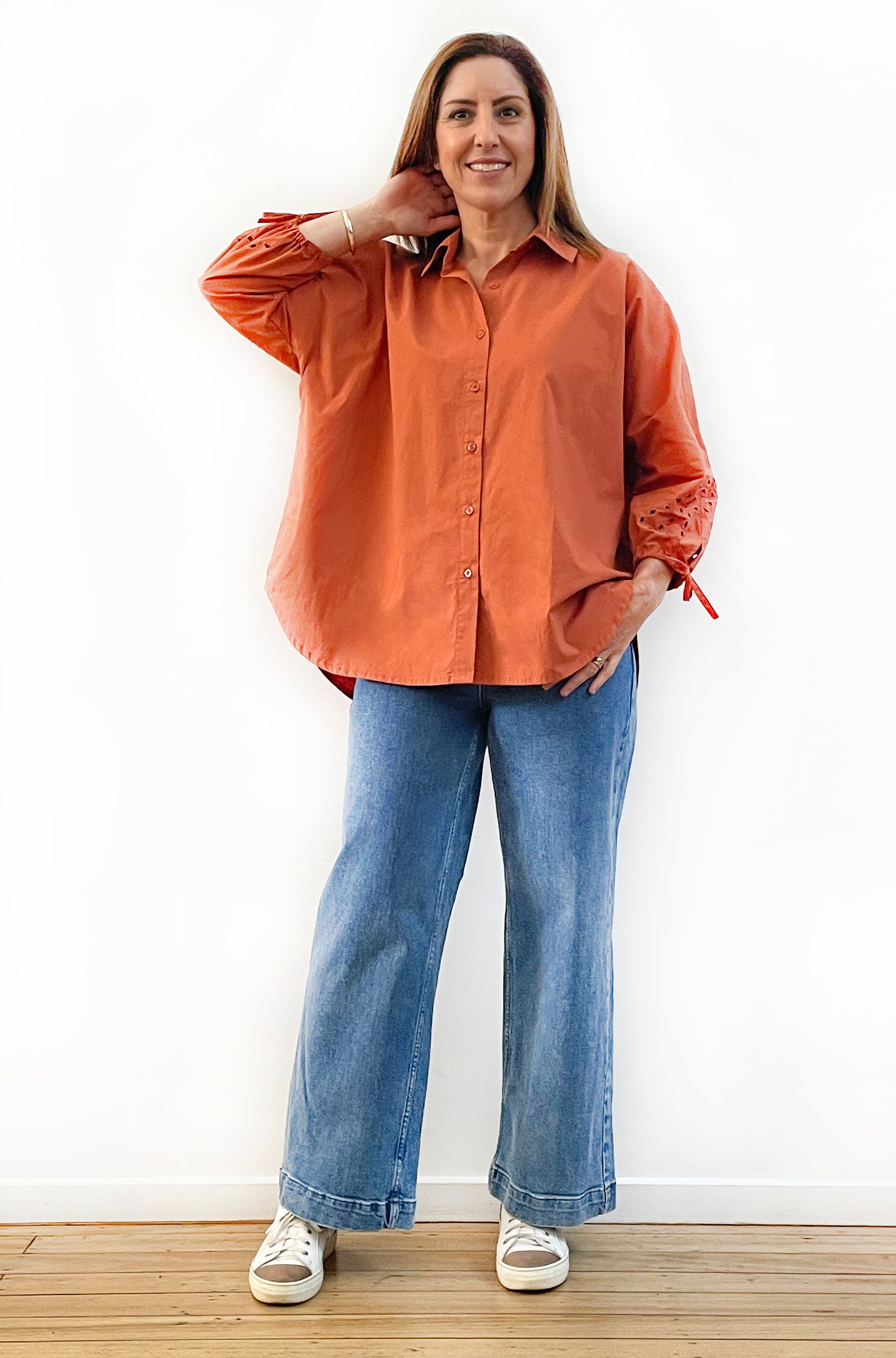 COTTON TIE SLEEVE CUTWORK SHIRT SPICE