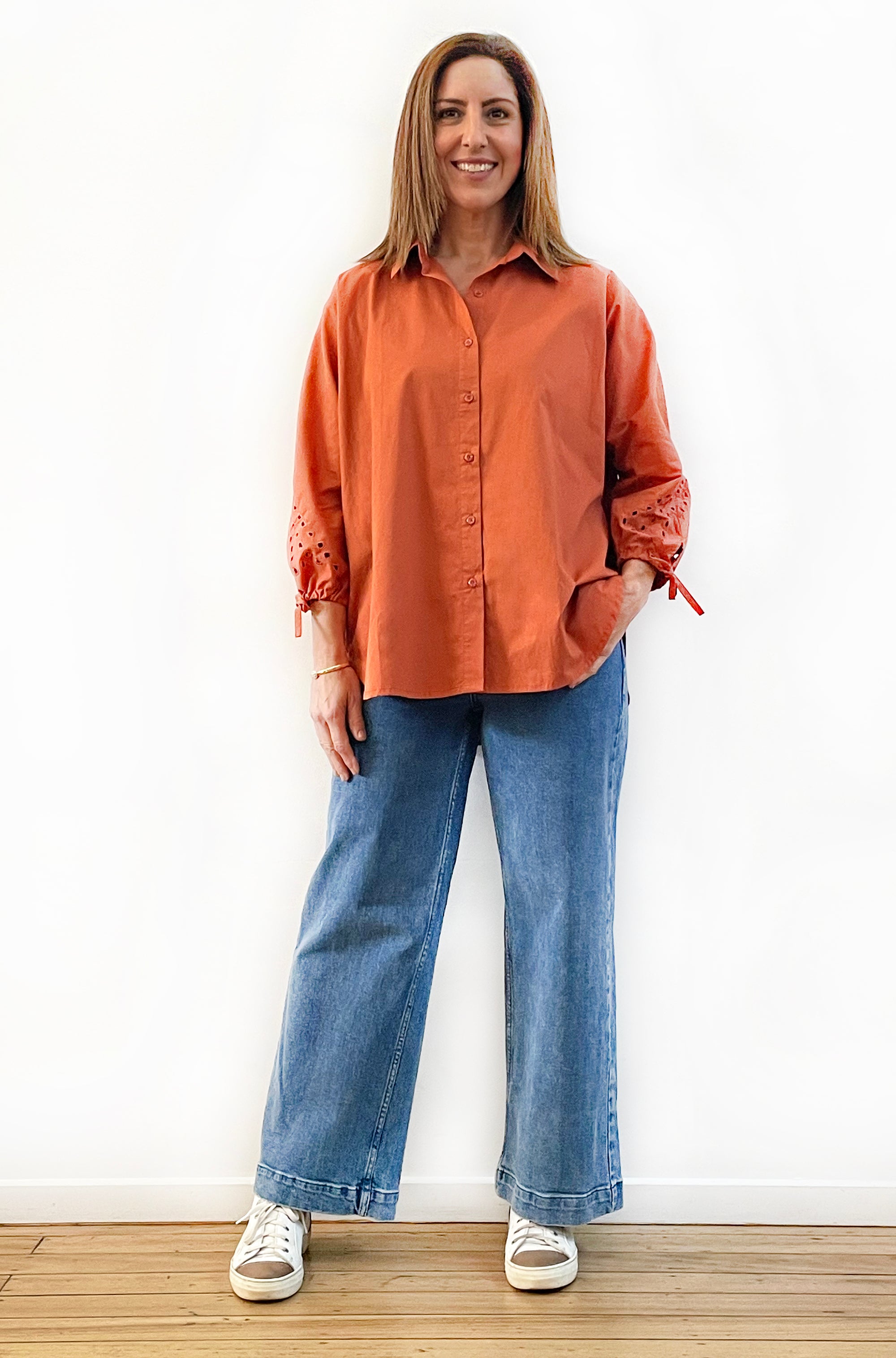 COTTON TIE SLEEVE CUTWORK SHIRT SPICE