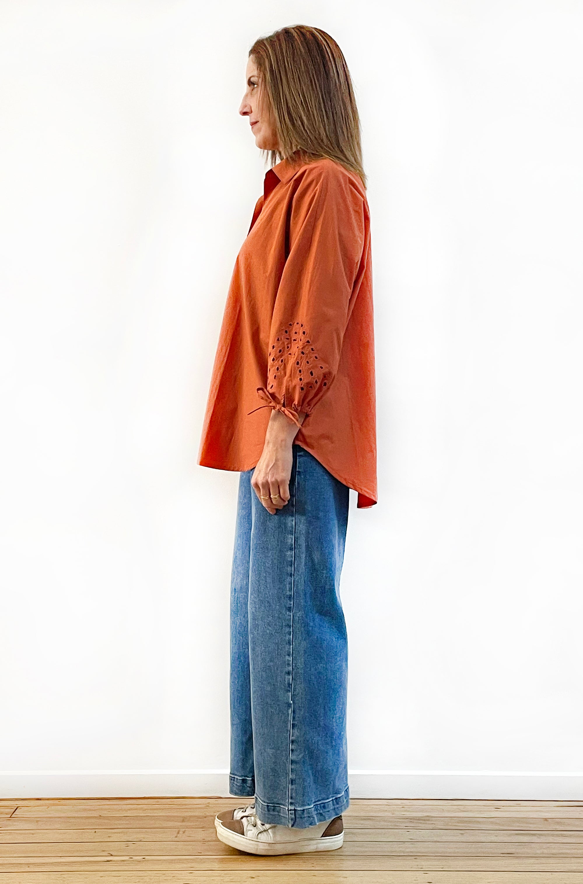 COTTON TIE SLEEVE CUTWORK SHIRT SPICE