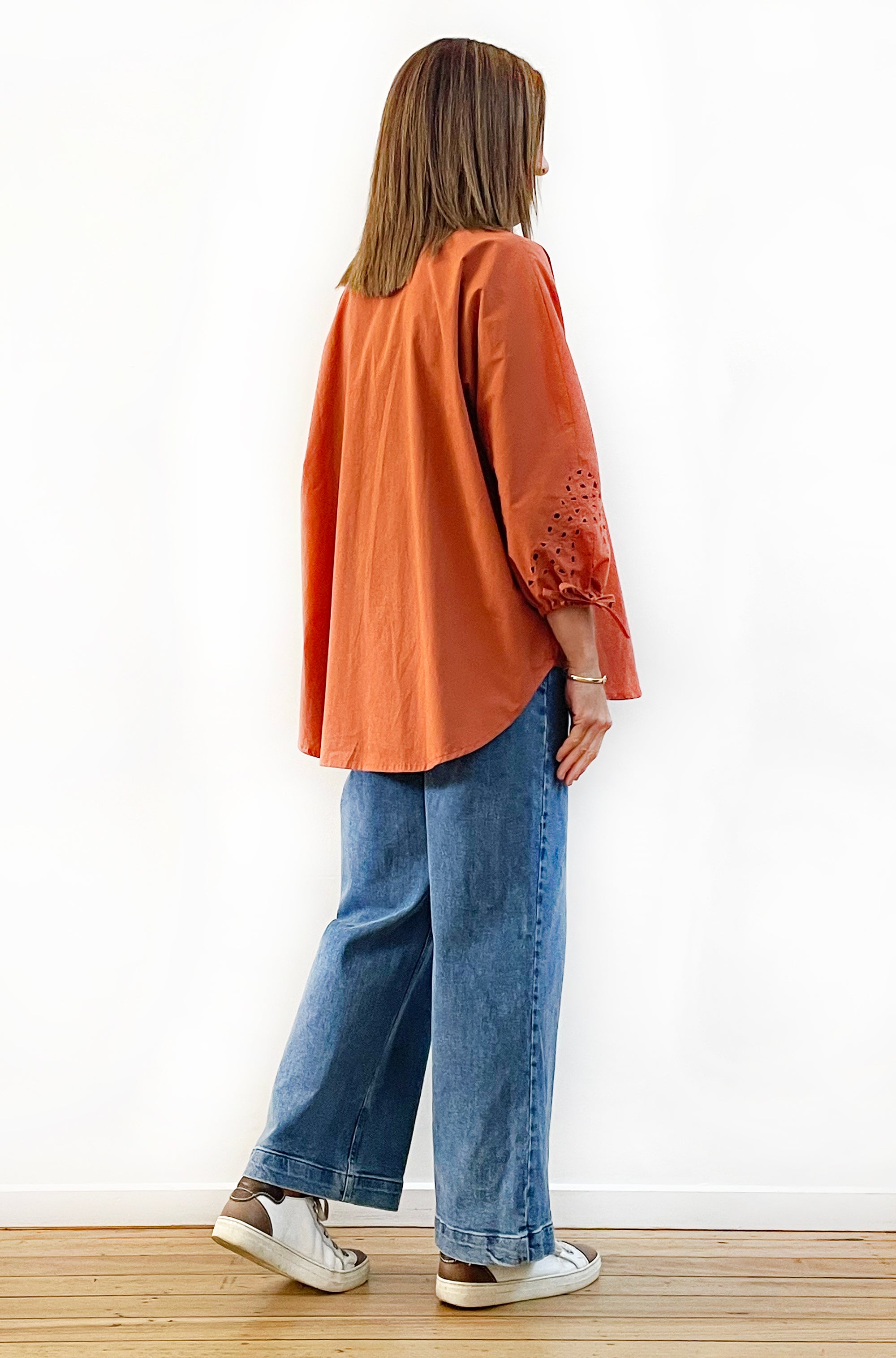COTTON TIE SLEEVE CUTWORK SHIRT SPICE