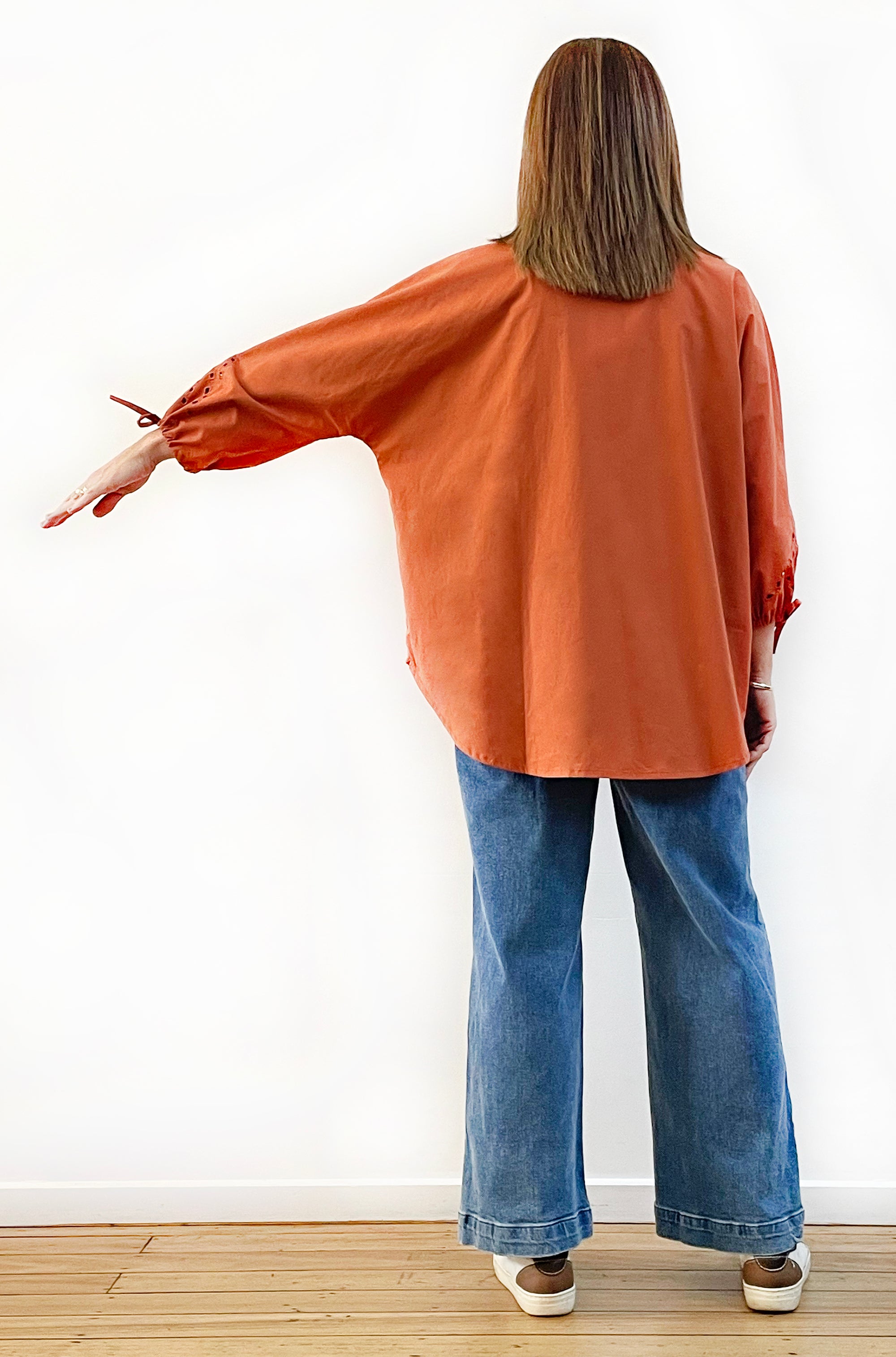 COTTON TIE SLEEVE CUTWORK SHIRT SPICE