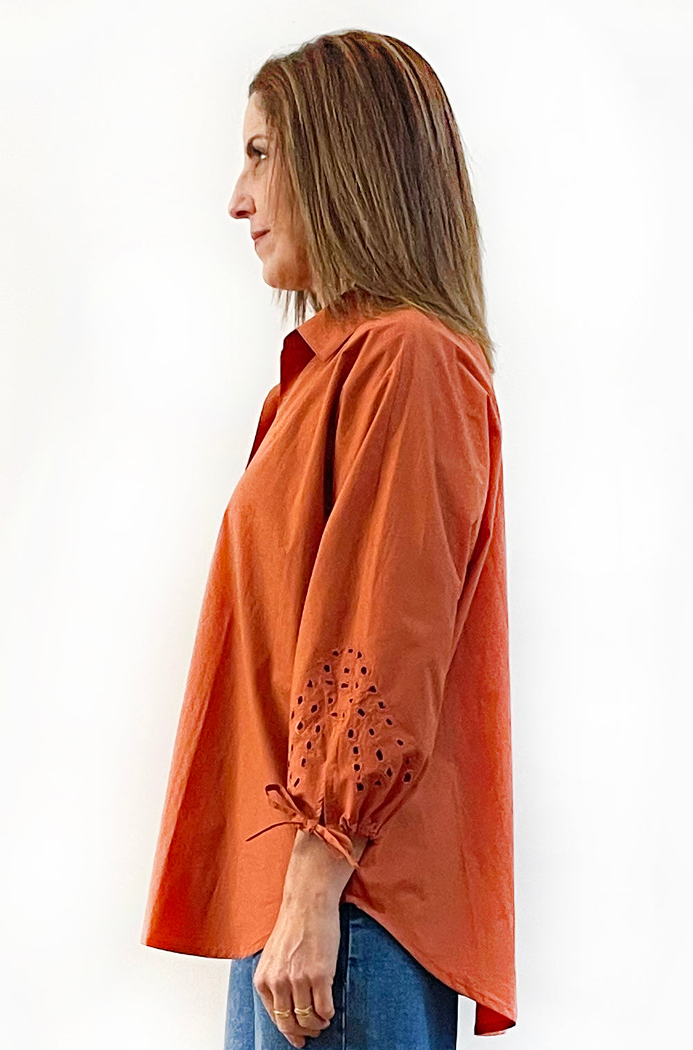 COTTON TIE SLEEVE CUTWORK SHIRT SPICE