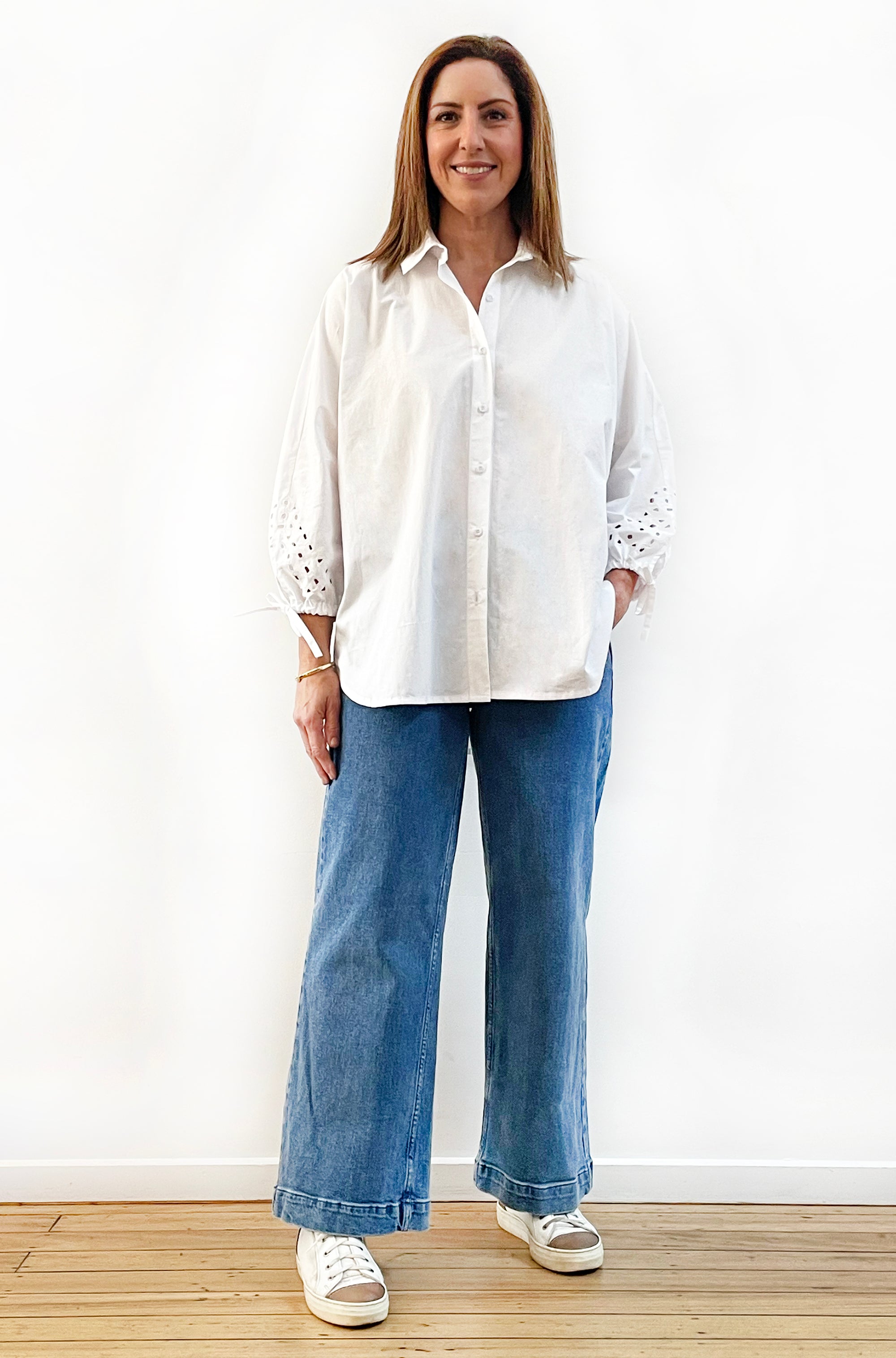 COTTON TIE SLEEVE CUTWORK SHIRT WHITE