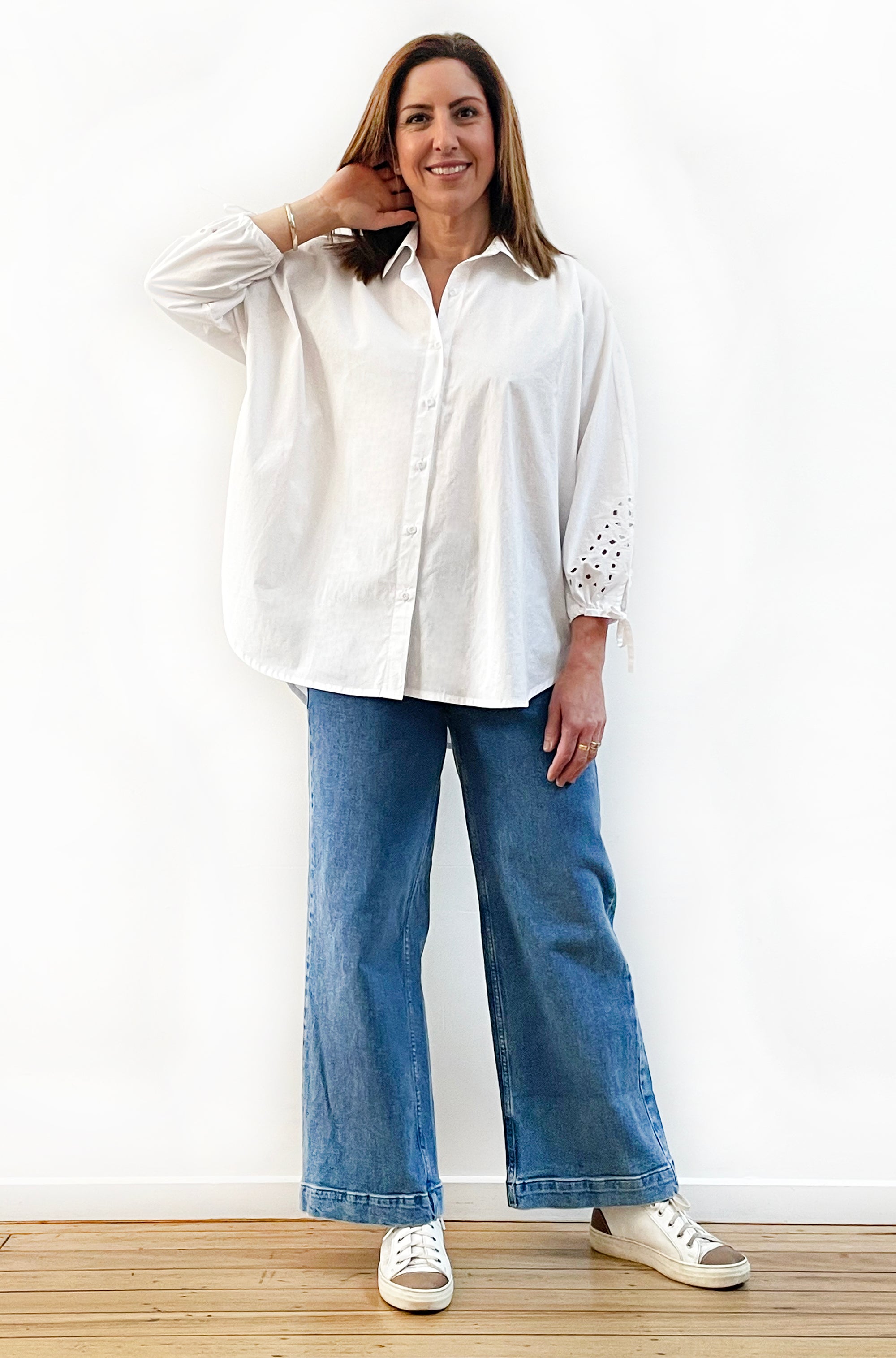 COTTON TIE SLEEVE CUTWORK SHIRT WHITE