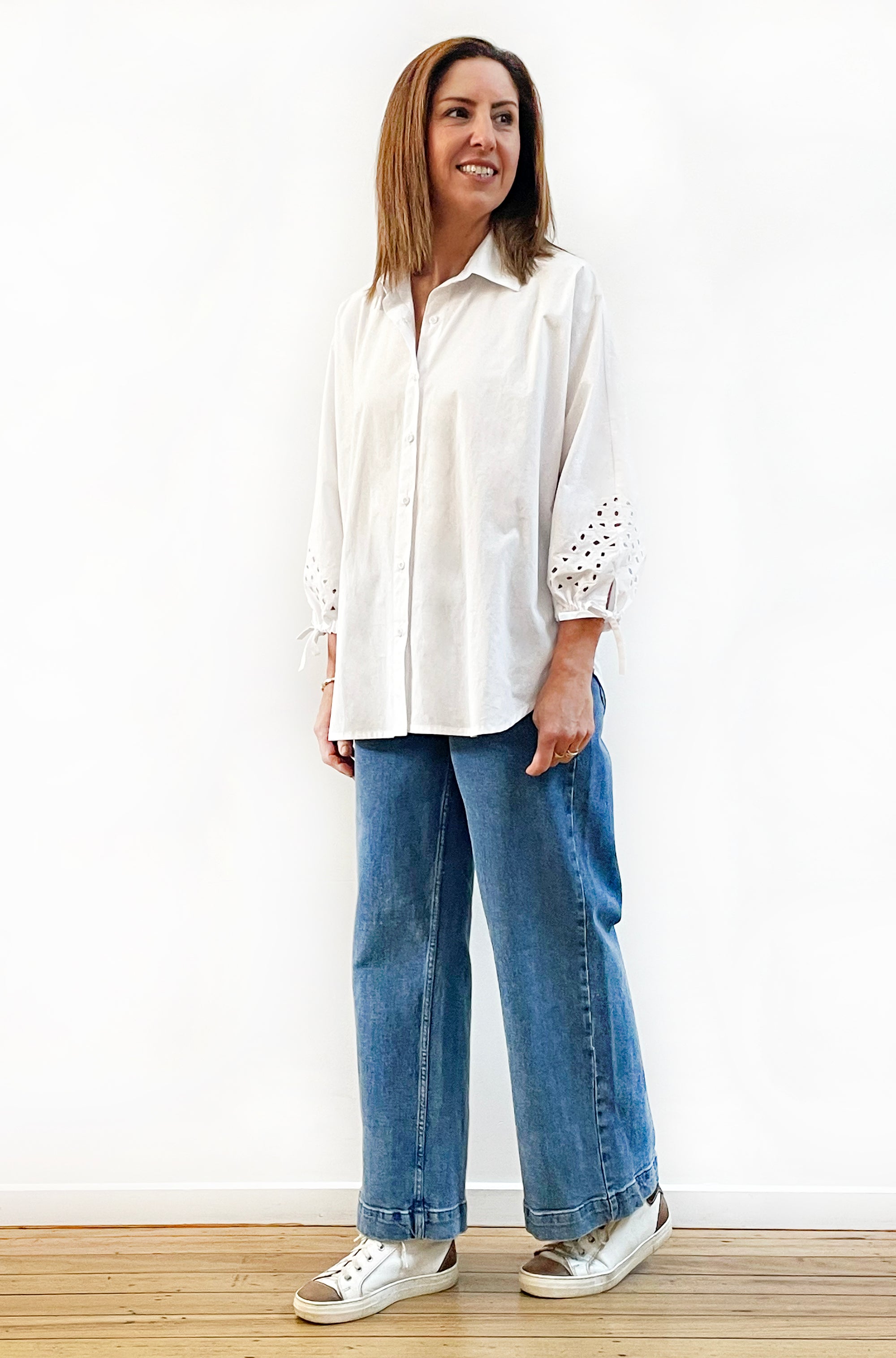 COTTON TIE SLEEVE CUTWORK SHIRT WHITE