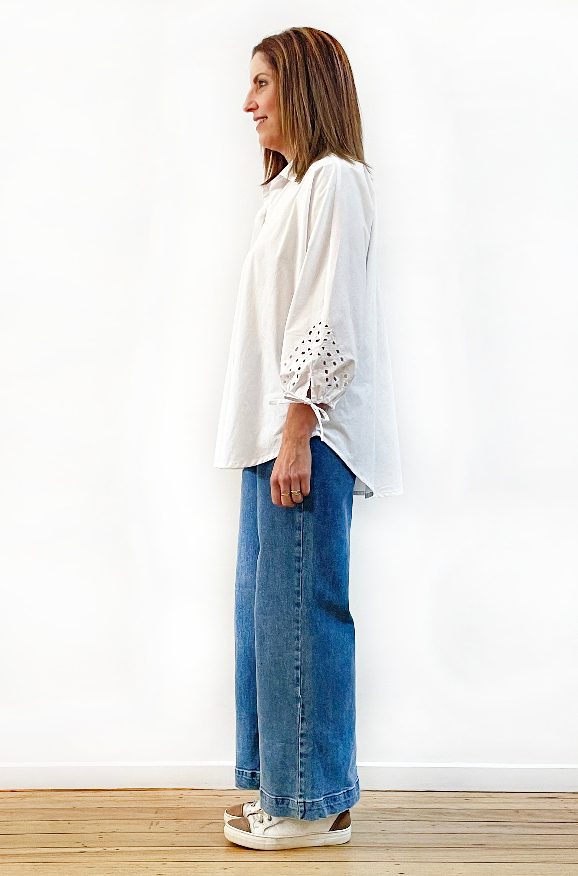 COTTON TIE SLEEVE CUTWORK SHIRT WHITE
