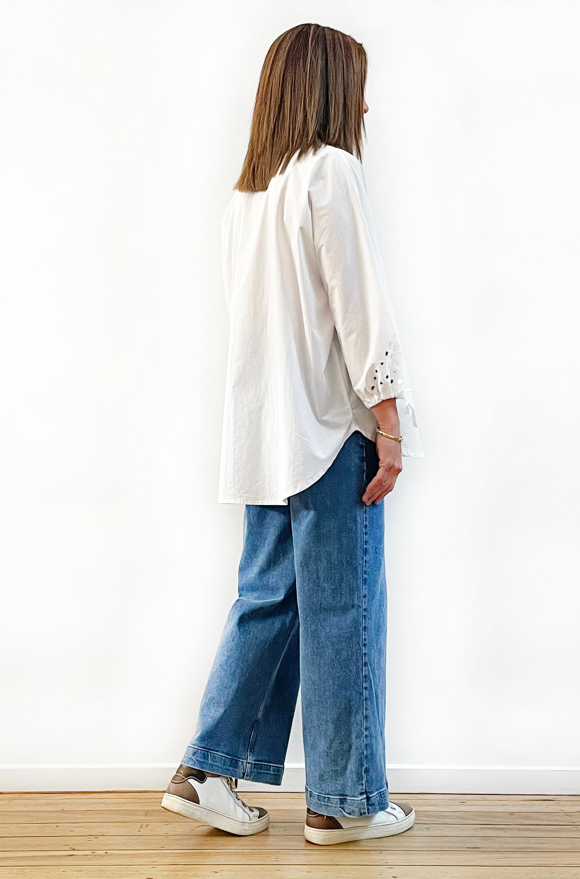 COTTON TIE SLEEVE CUTWORK SHIRT WHITE