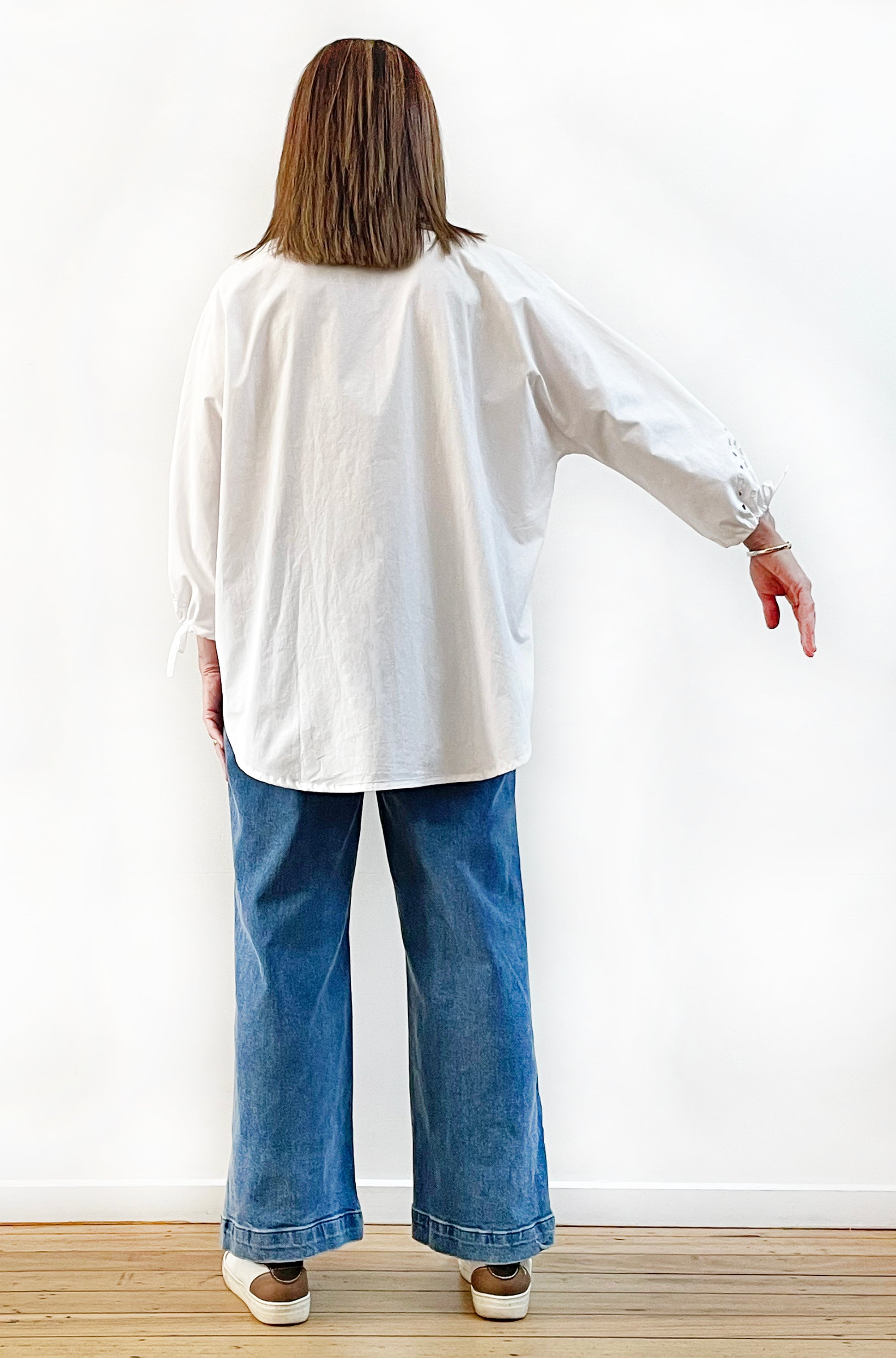 COTTON TIE SLEEVE CUTWORK SHIRT WHITE
