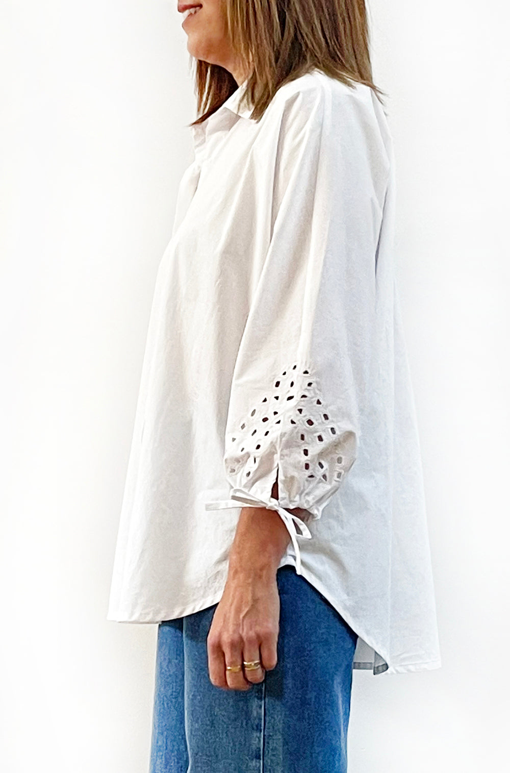 COTTON TIE SLEEVE CUTWORK SHIRT WHITE