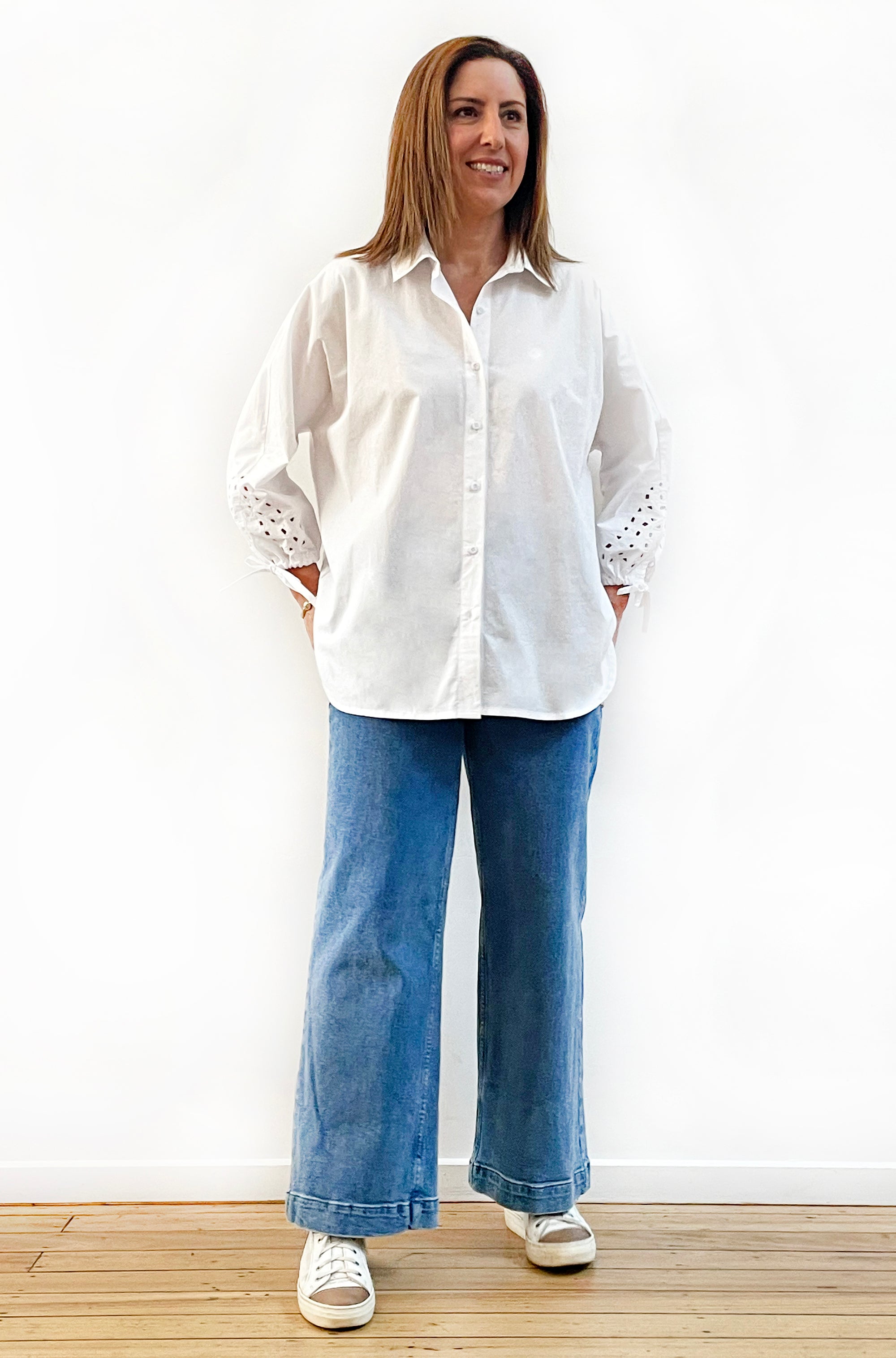 COTTON TIE SLEEVE CUTWORK SHIRT WHITE
