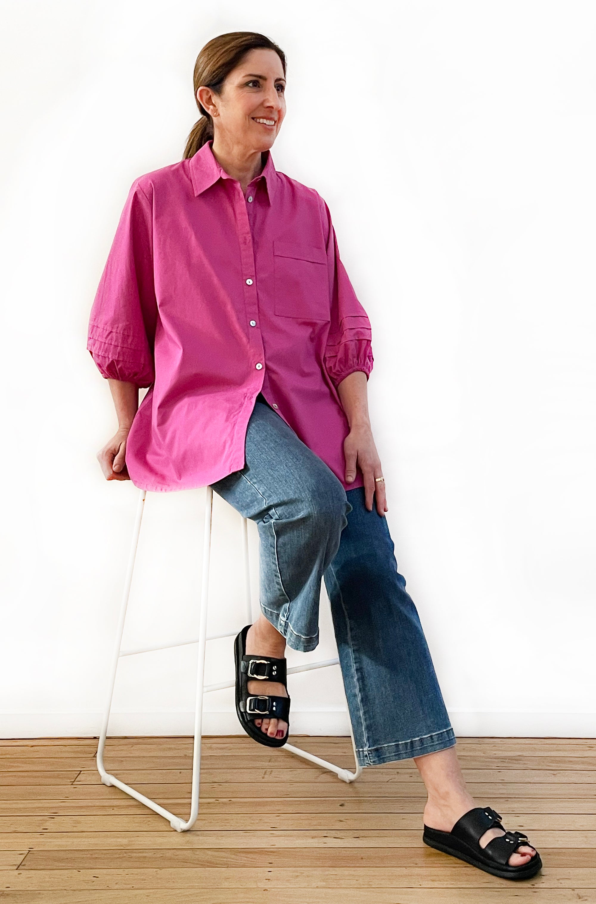 COTTON TUCKED SLEEVE SHIRT FUCHSIA