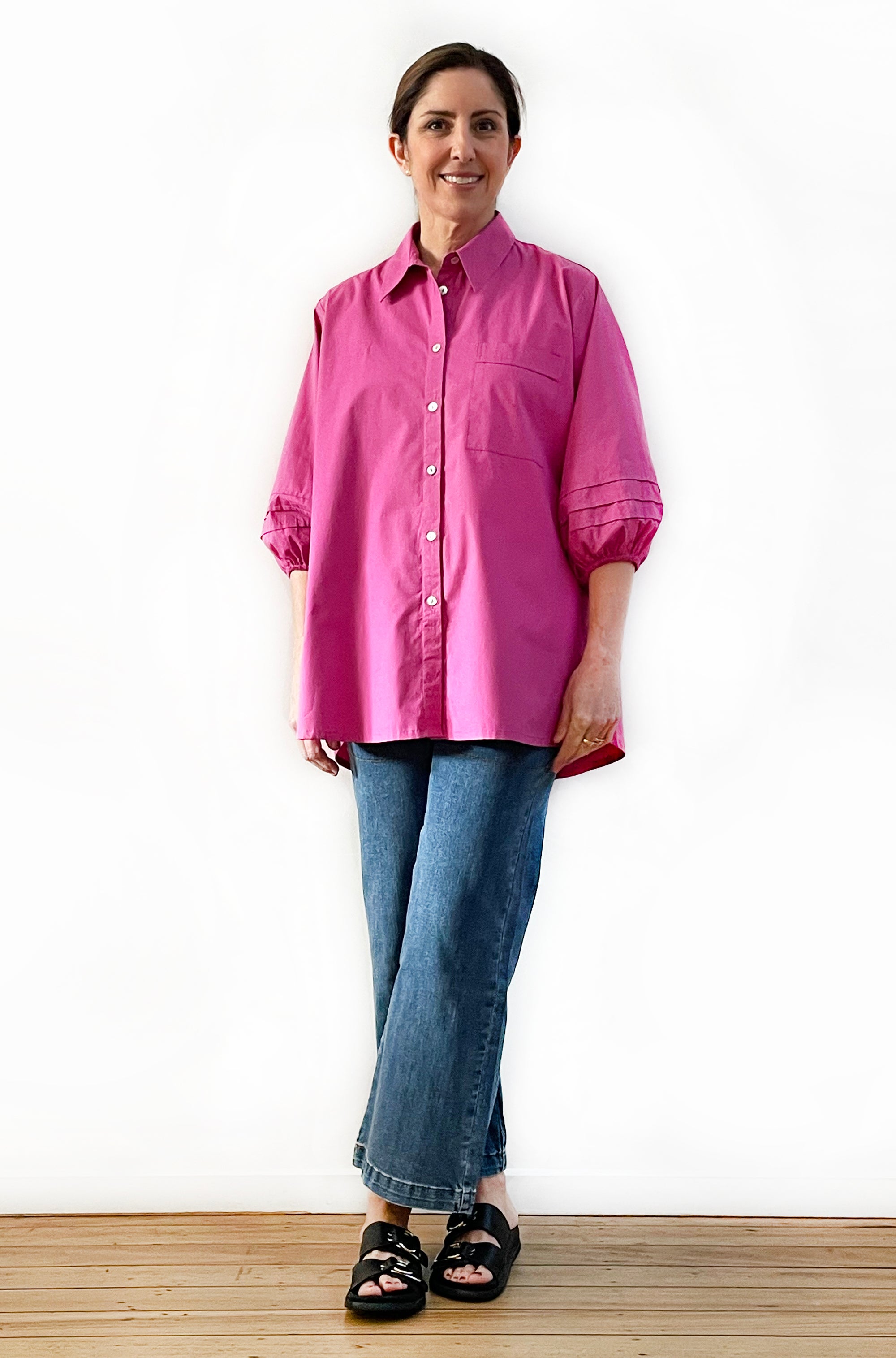 COTTON TUCKED SLEEVE SHIRT FUCHSIA