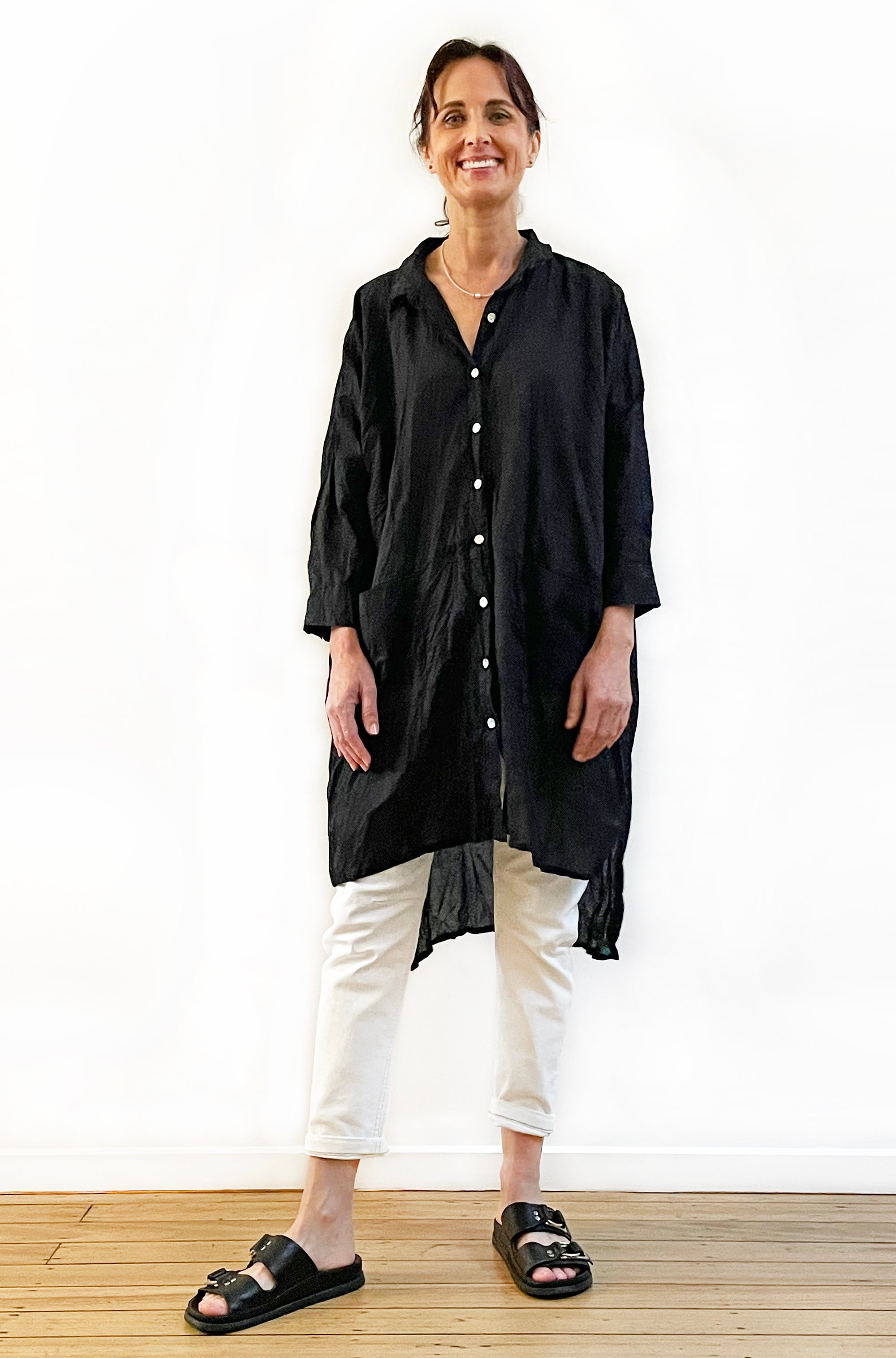 COTTON TWIST & GO LONGLINE OVERSHIRT BLACK