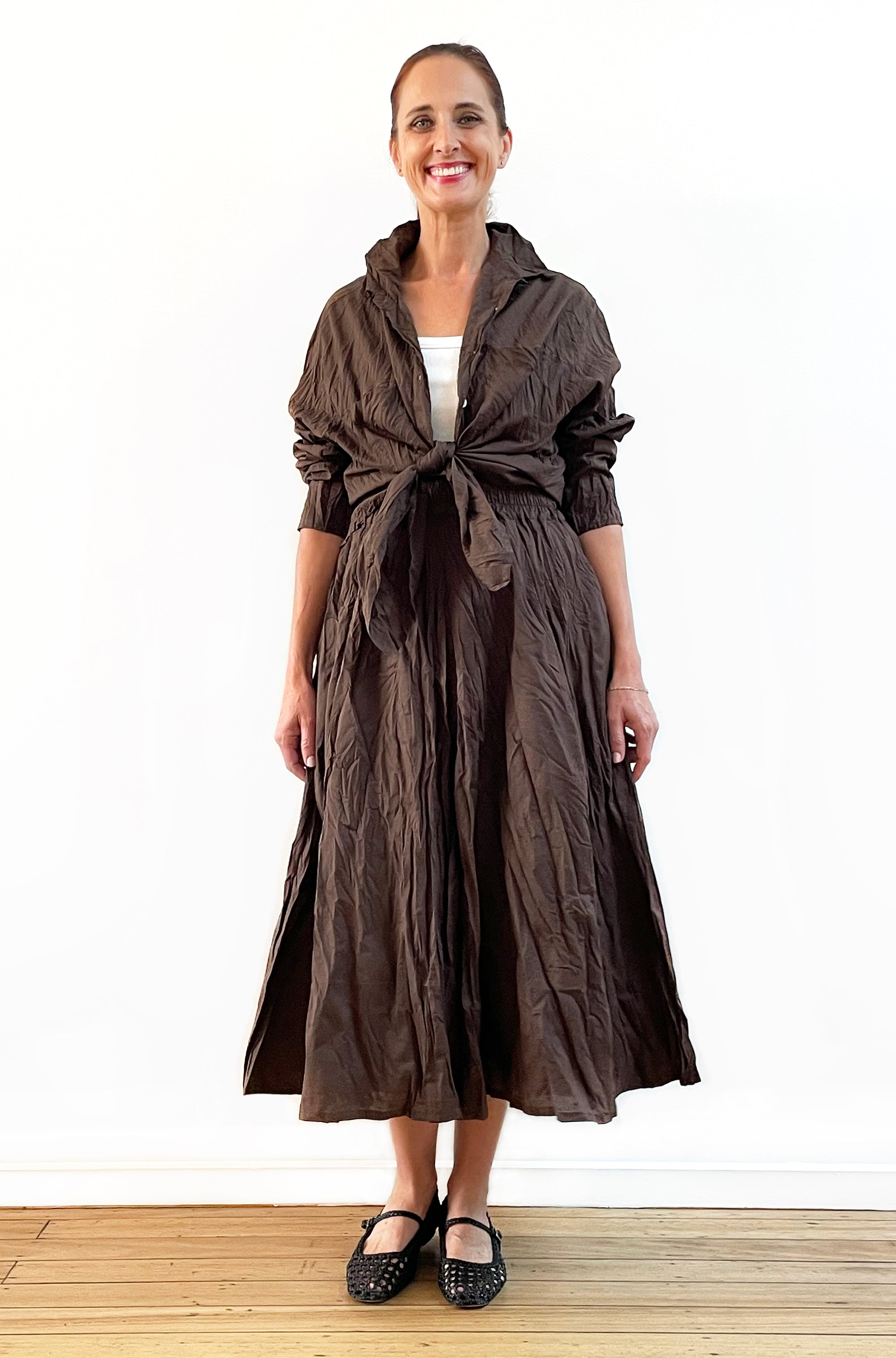 COTTON TWIST & GO MIDI SKIRT CHOCOLATE