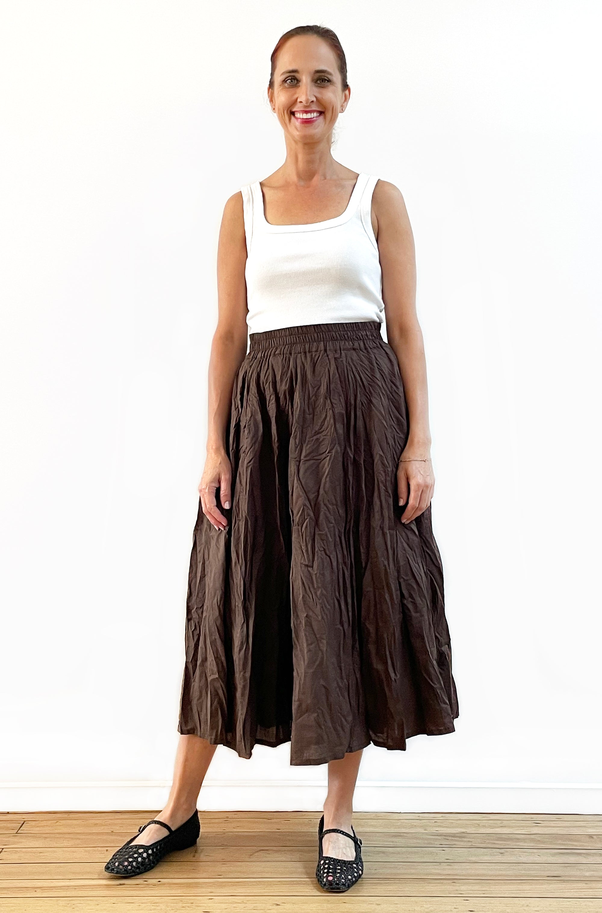 COTTON TWIST & GO MIDI SKIRT CHOCOLATE