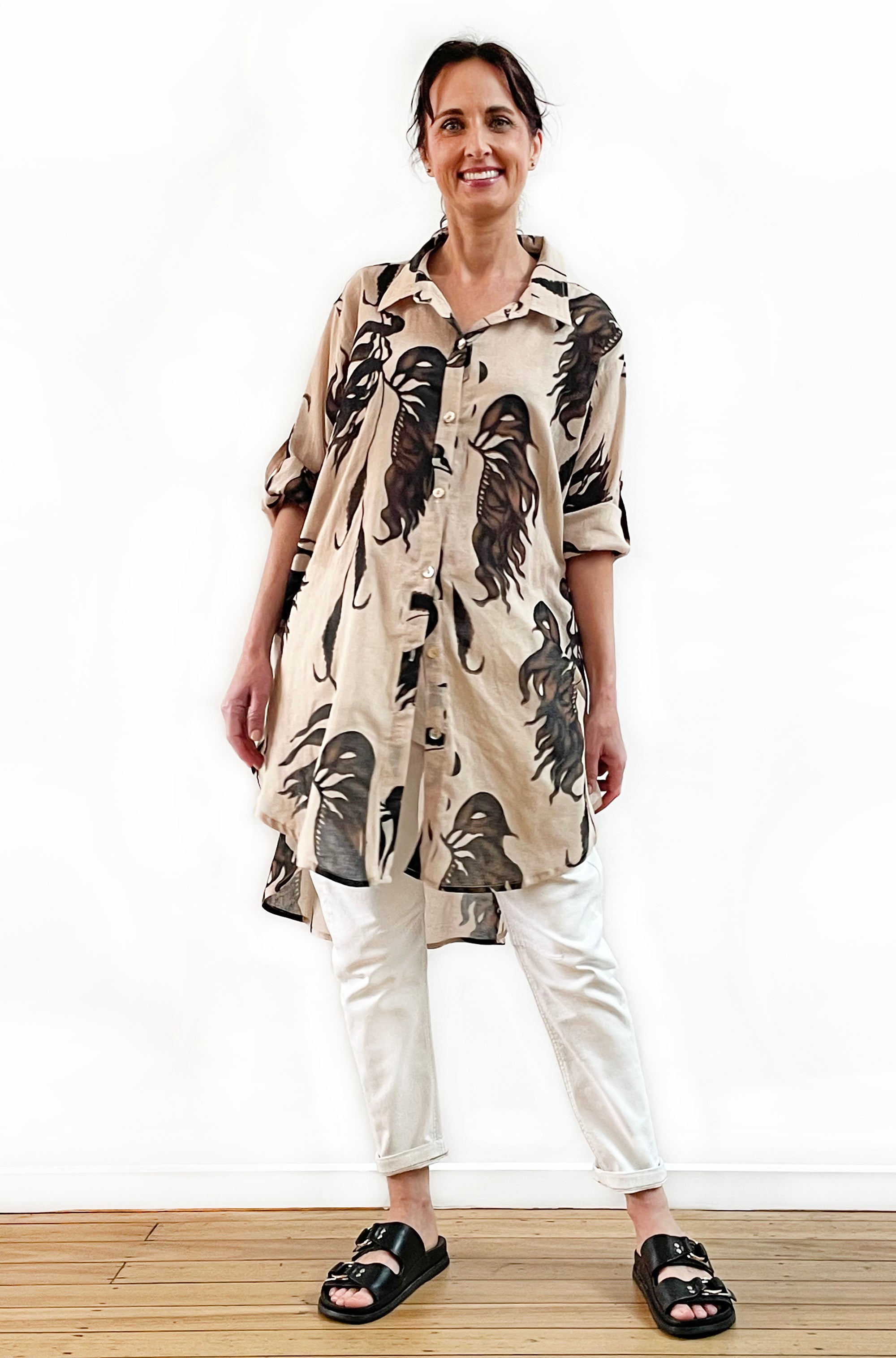 COTTON VOILE LONGLINE OVERSHIRT LEAF