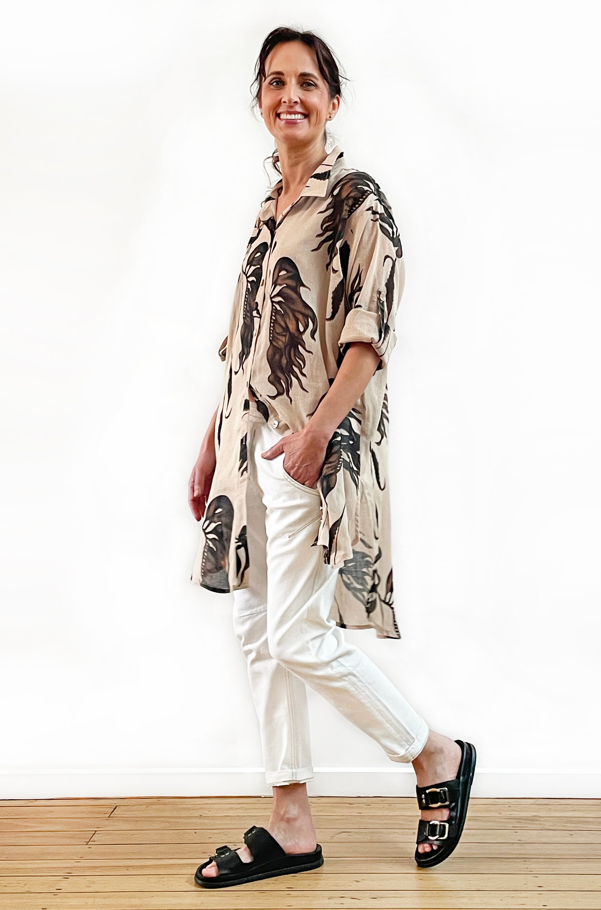 COTTON VOILE LONGLINE OVERSHIRT LEAF