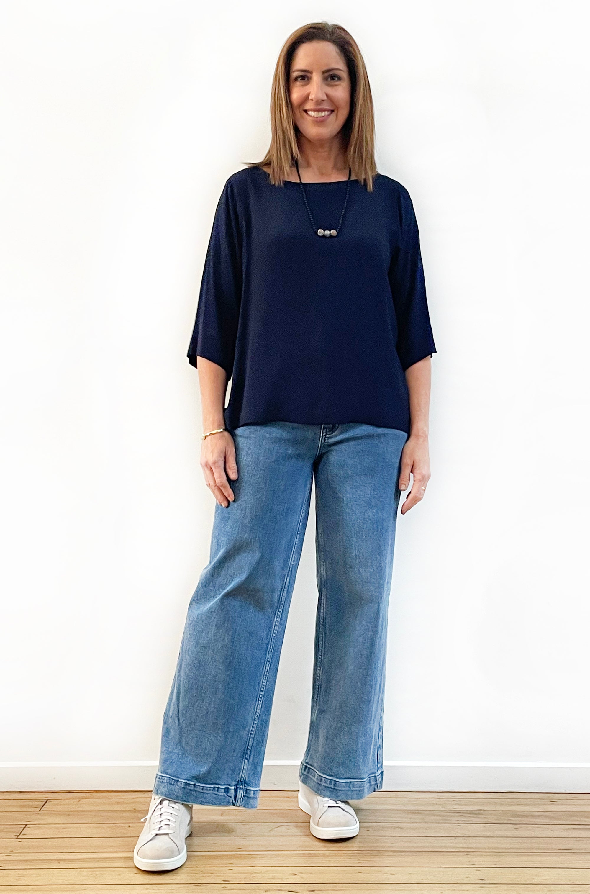 VISCOSE FITTED SLEEVE TOP NAVY