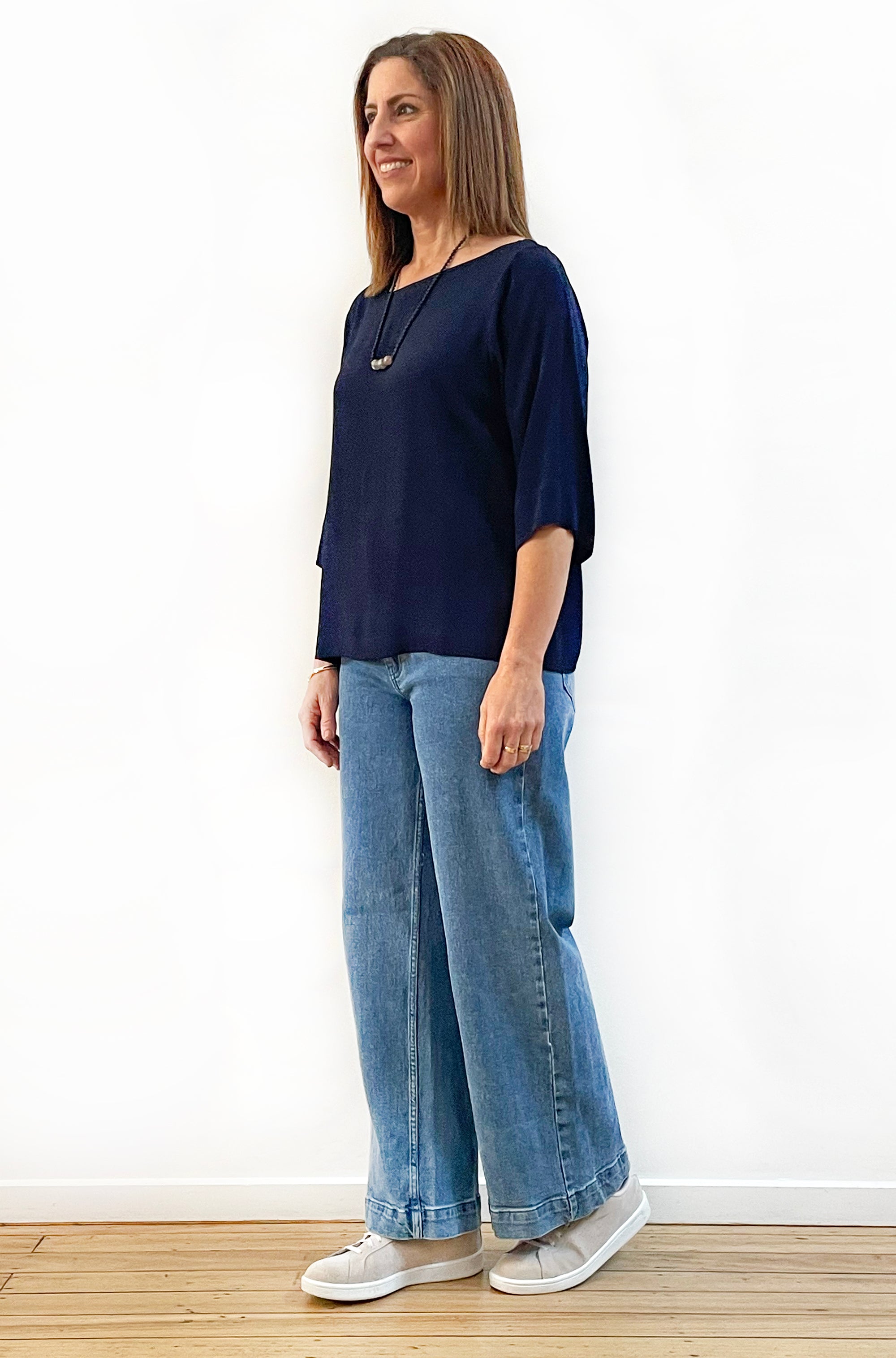 VISCOSE FITTED SLEEVE TOP NAVY