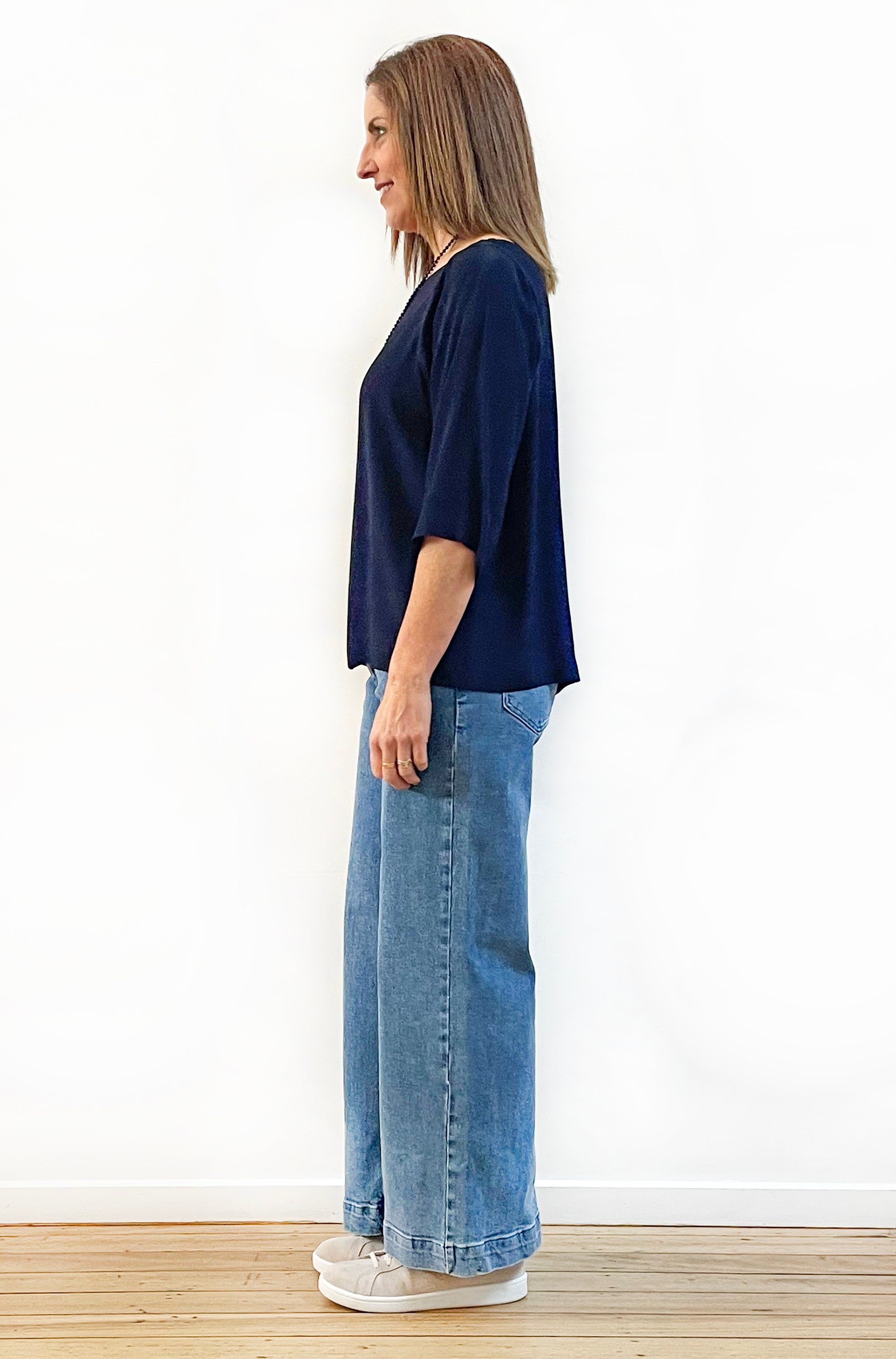 VISCOSE FITTED SLEEVE TOP NAVY