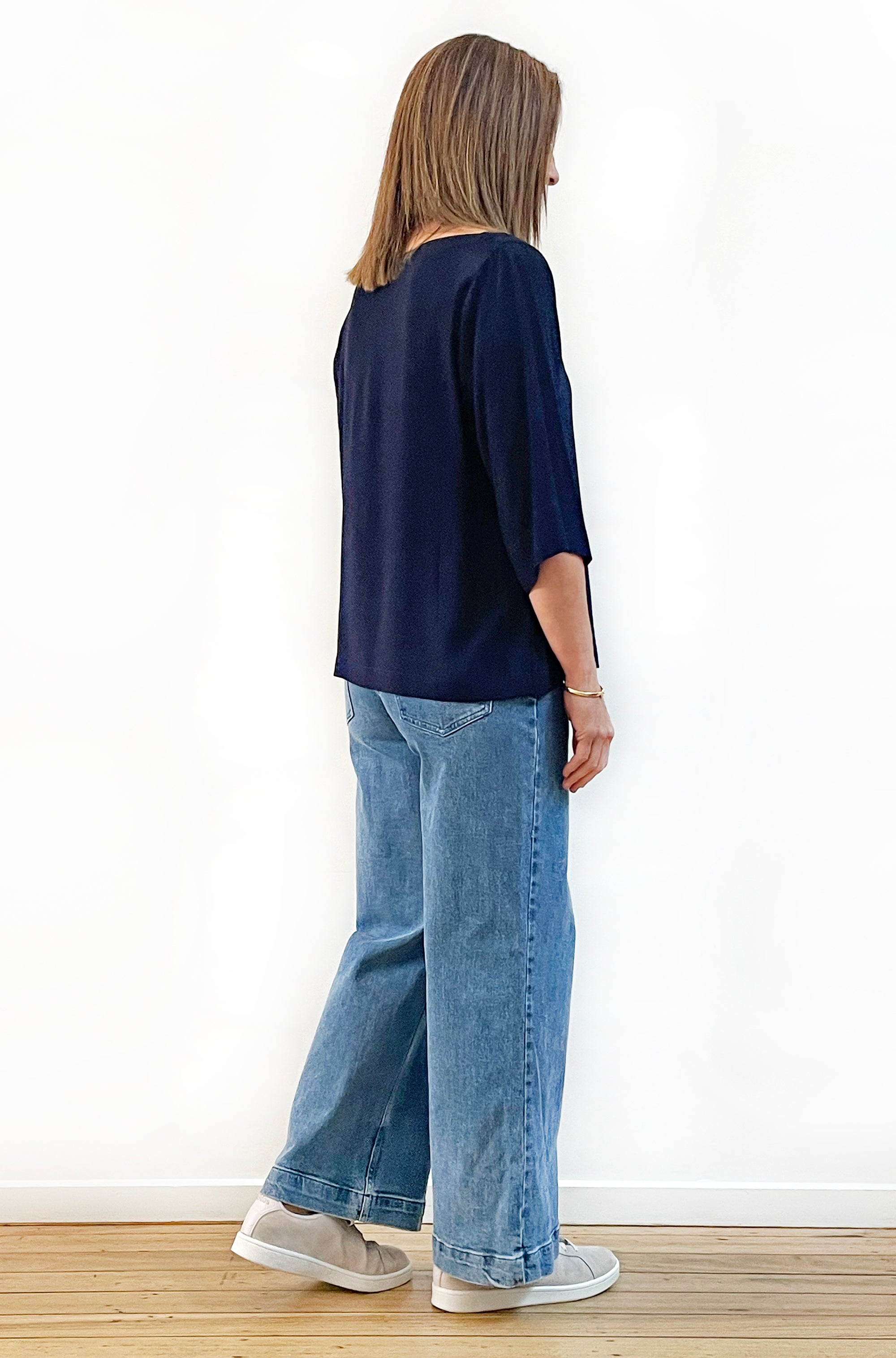 VISCOSE FITTED SLEEVE TOP NAVY