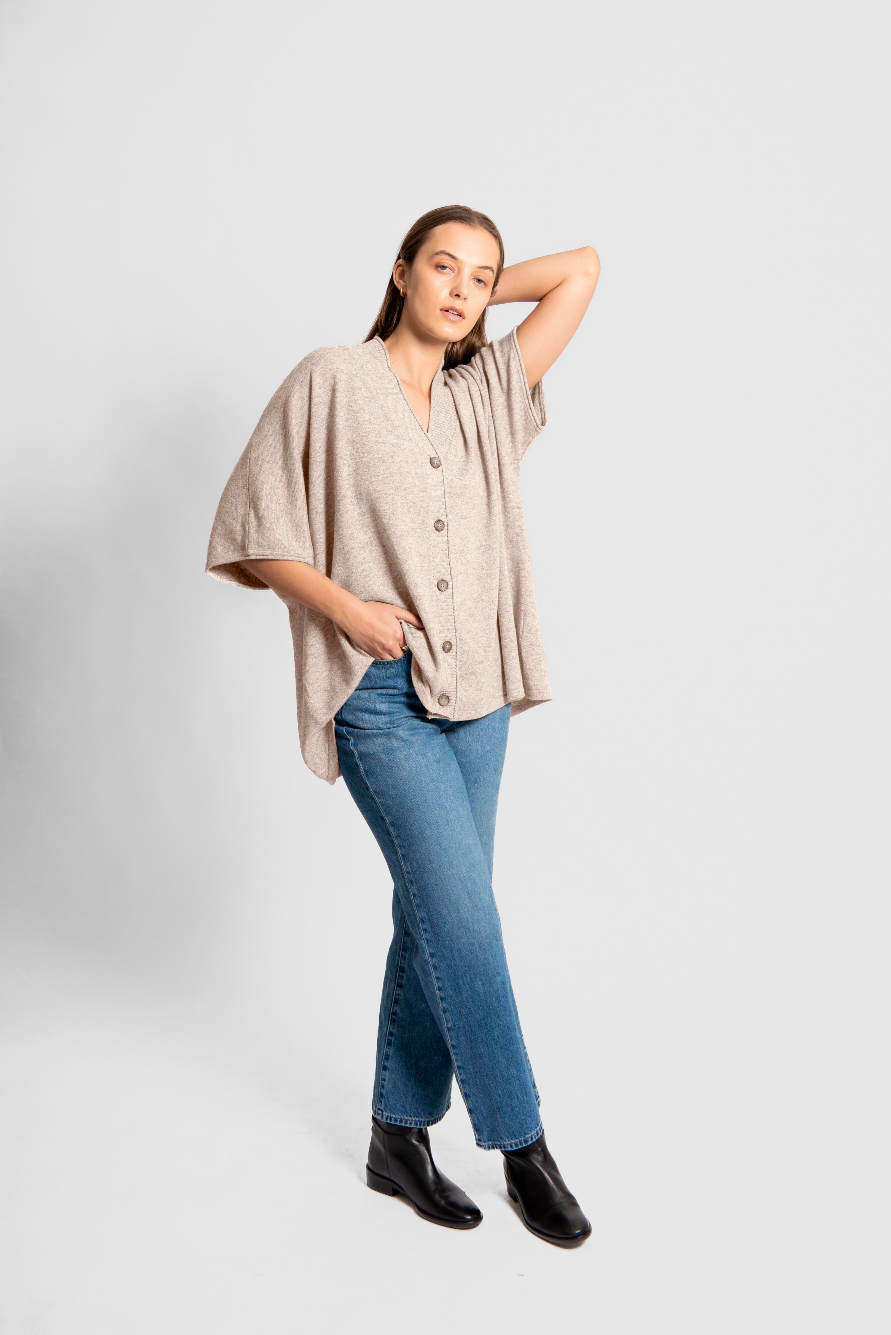 FIELDS MERINO BLEND OVERSIZED BUTTON THRU PONCHO WHITE PEPPER