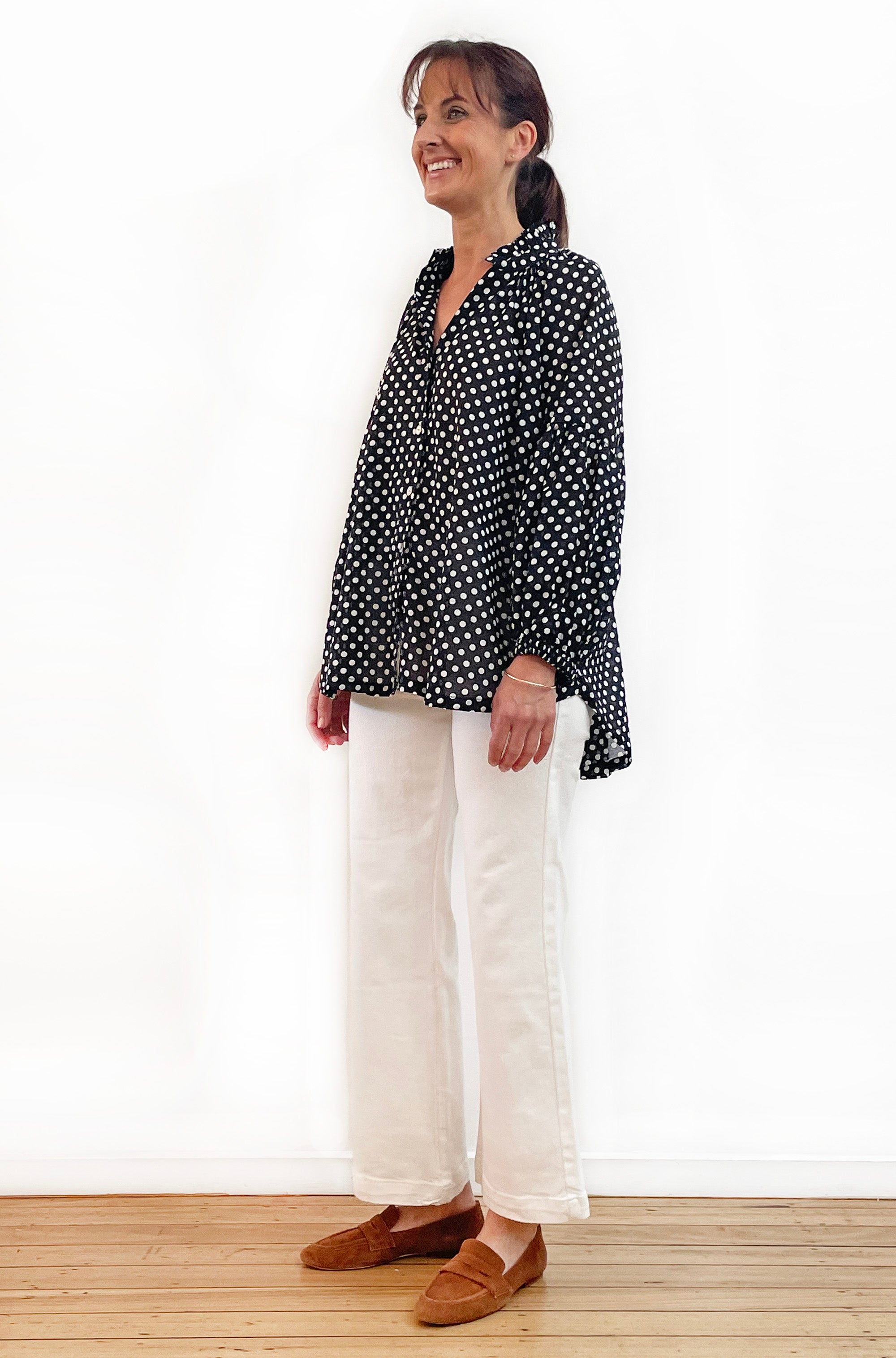 COTTON FRILL NECK BALLOON SLEEVE SHIRT SPOT