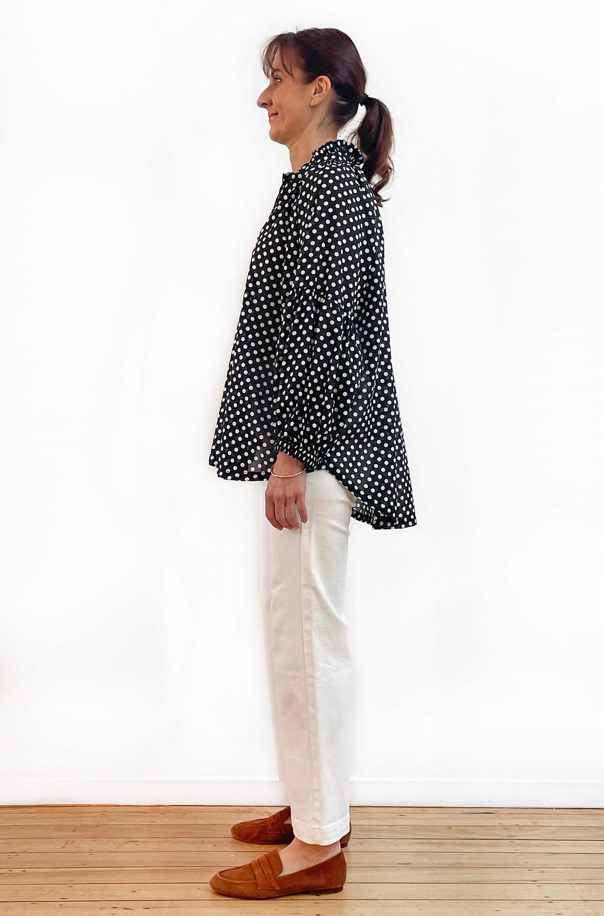 COTTON FRILL NECK BALLOON SLEEVE SHIRT SPOT