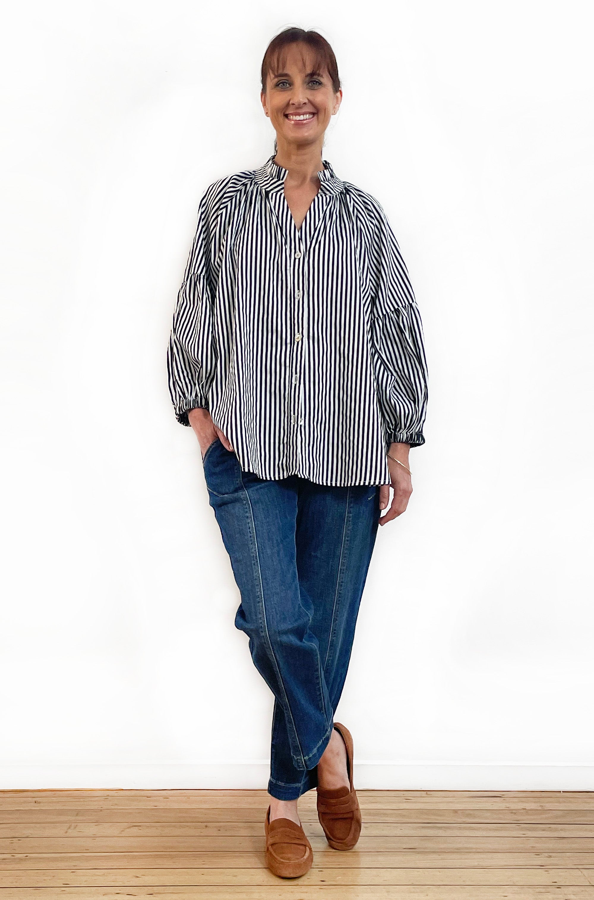 COTTON FRILL NECK BALLOON SLEEVE SHIRT STRIPE