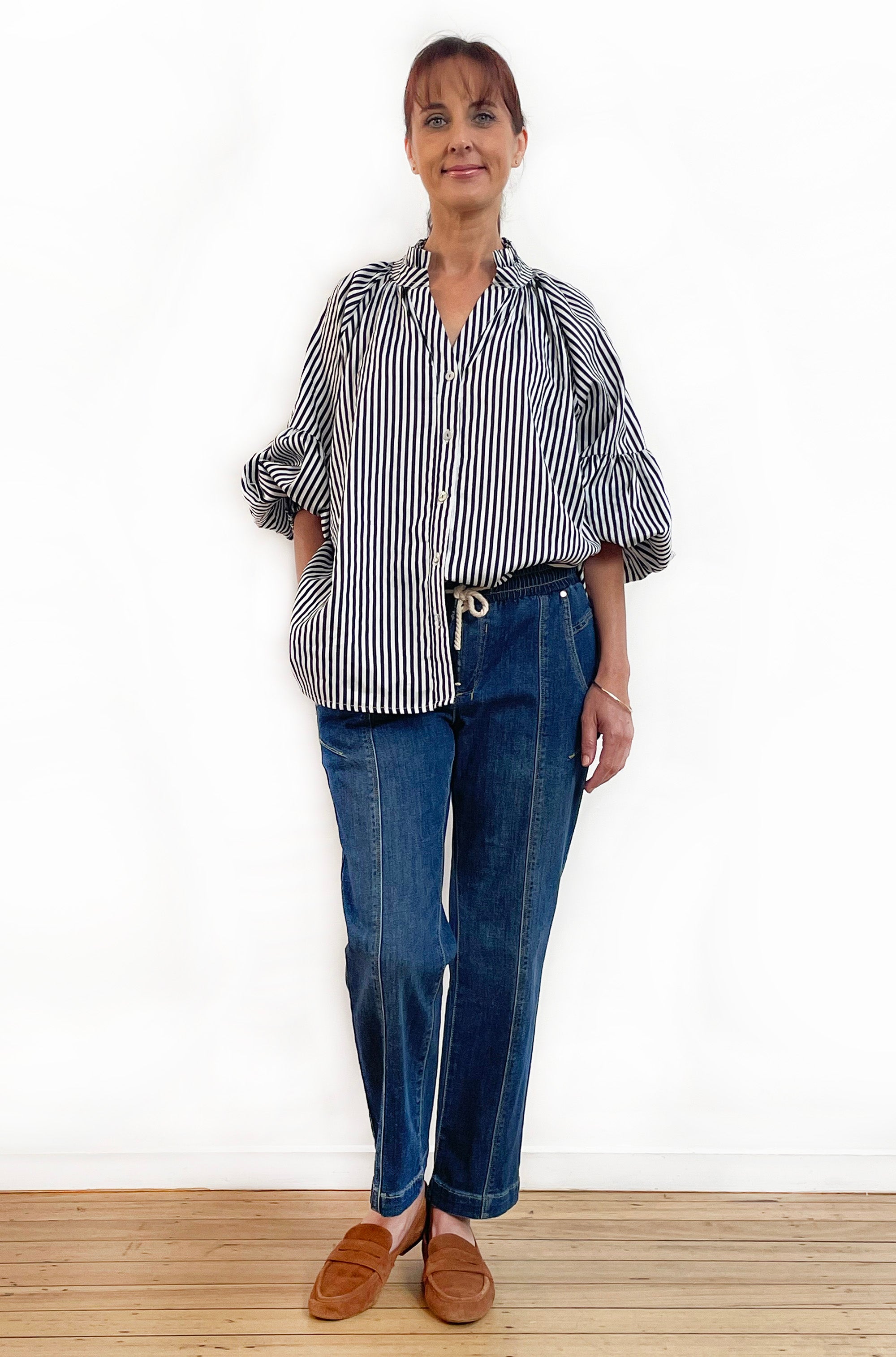 COTTON FRILL NECK BALLOON SLEEVE SHIRT STRIPE
