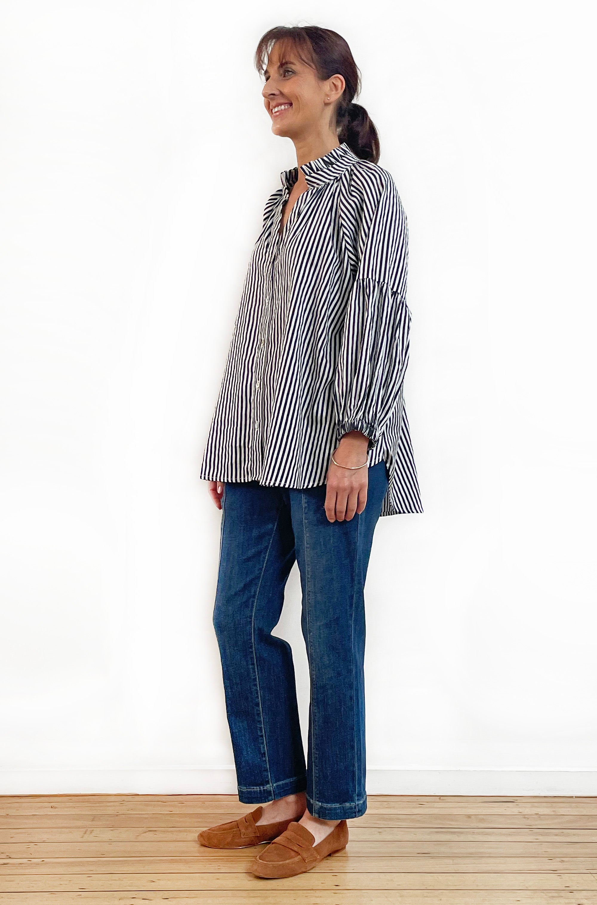 COTTON FRILL NECK BALLOON SLEEVE SHIRT STRIPE