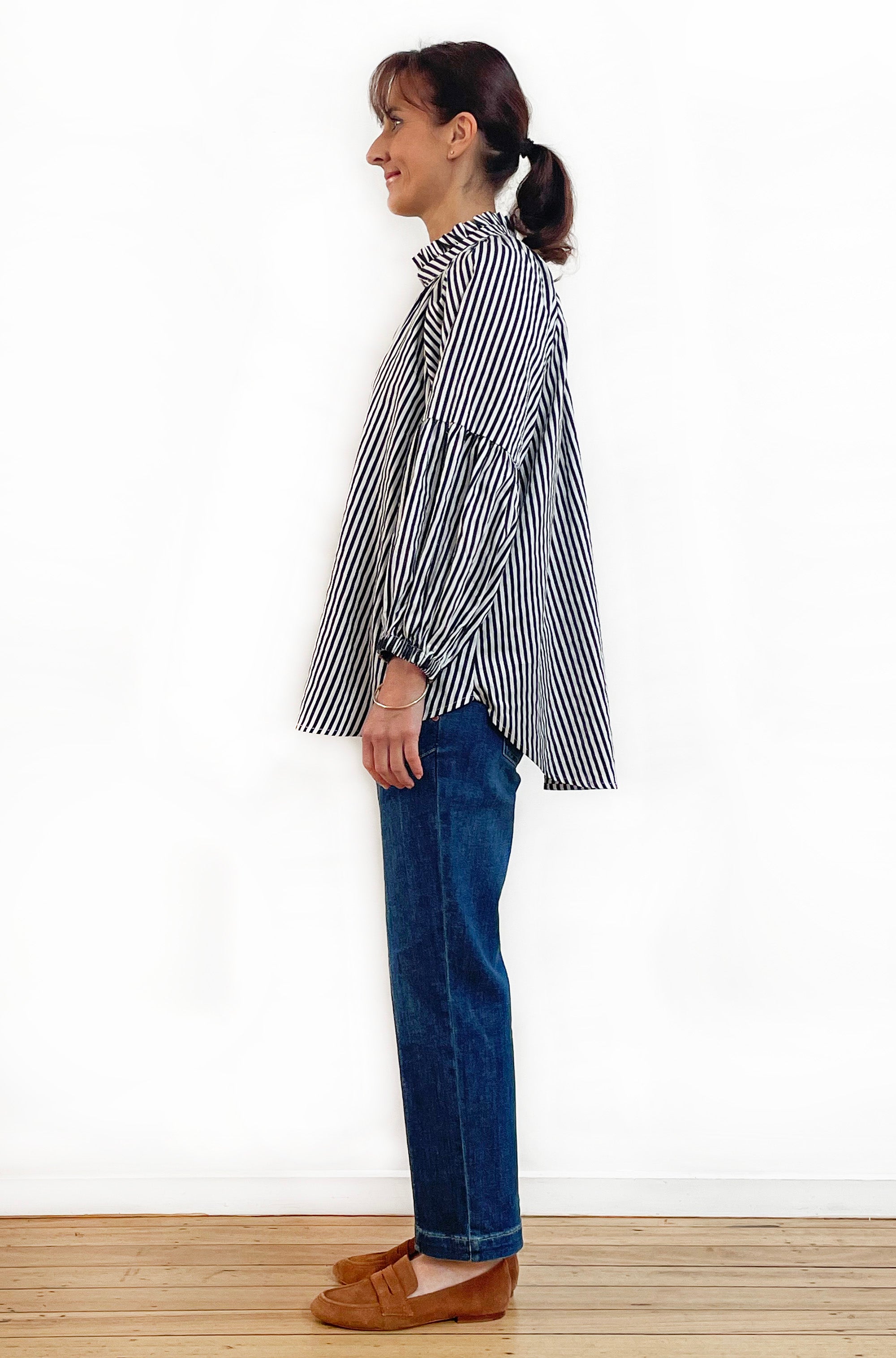 COTTON FRILL NECK BALLOON SLEEVE SHIRT STRIPE