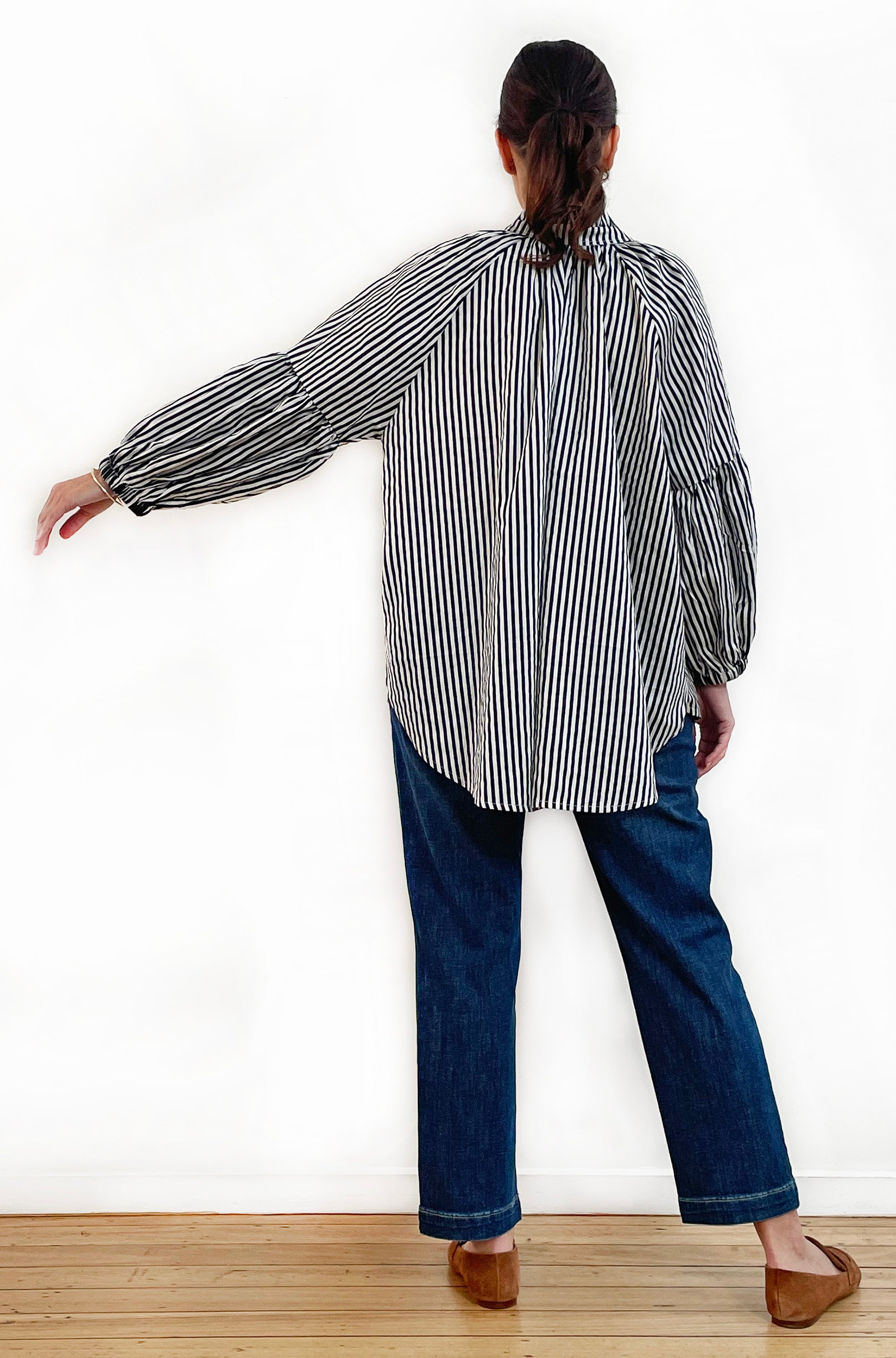 COTTON FRILL NECK BALLOON SLEEVE SHIRT STRIPE